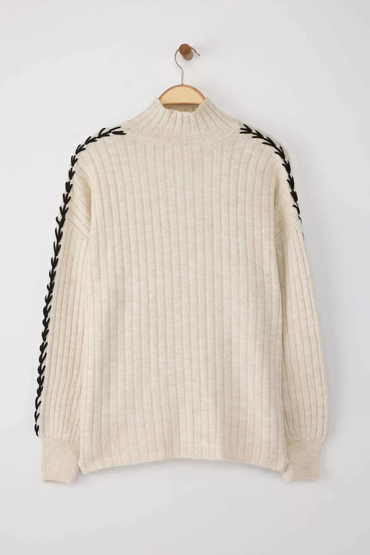 Brown Collar Knitwear Sweater, STONE, large image number 5