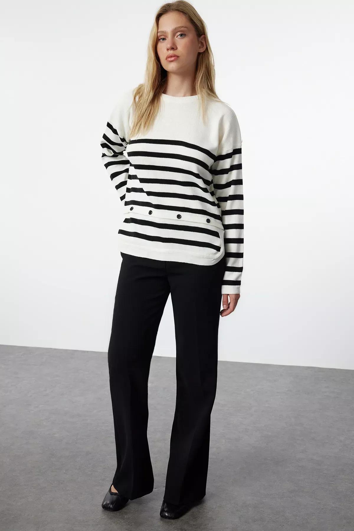 Ecru Striped Casual Sweater, Ecru, large image number 2