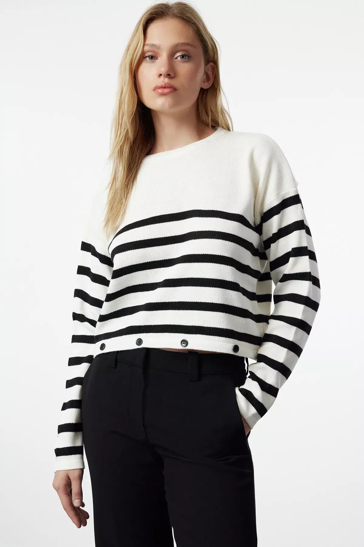 Ecru Striped Casual Sweater, Ecru, large image number 3
