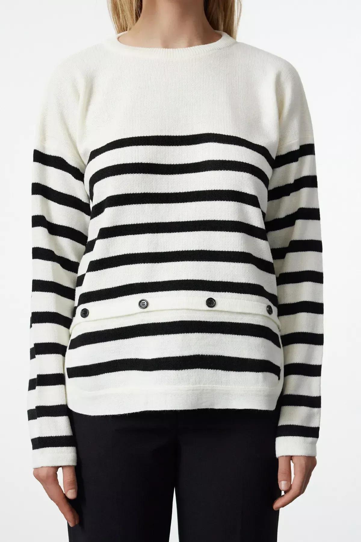 Ecru Striped Casual Sweater, Ecru, large image number 6