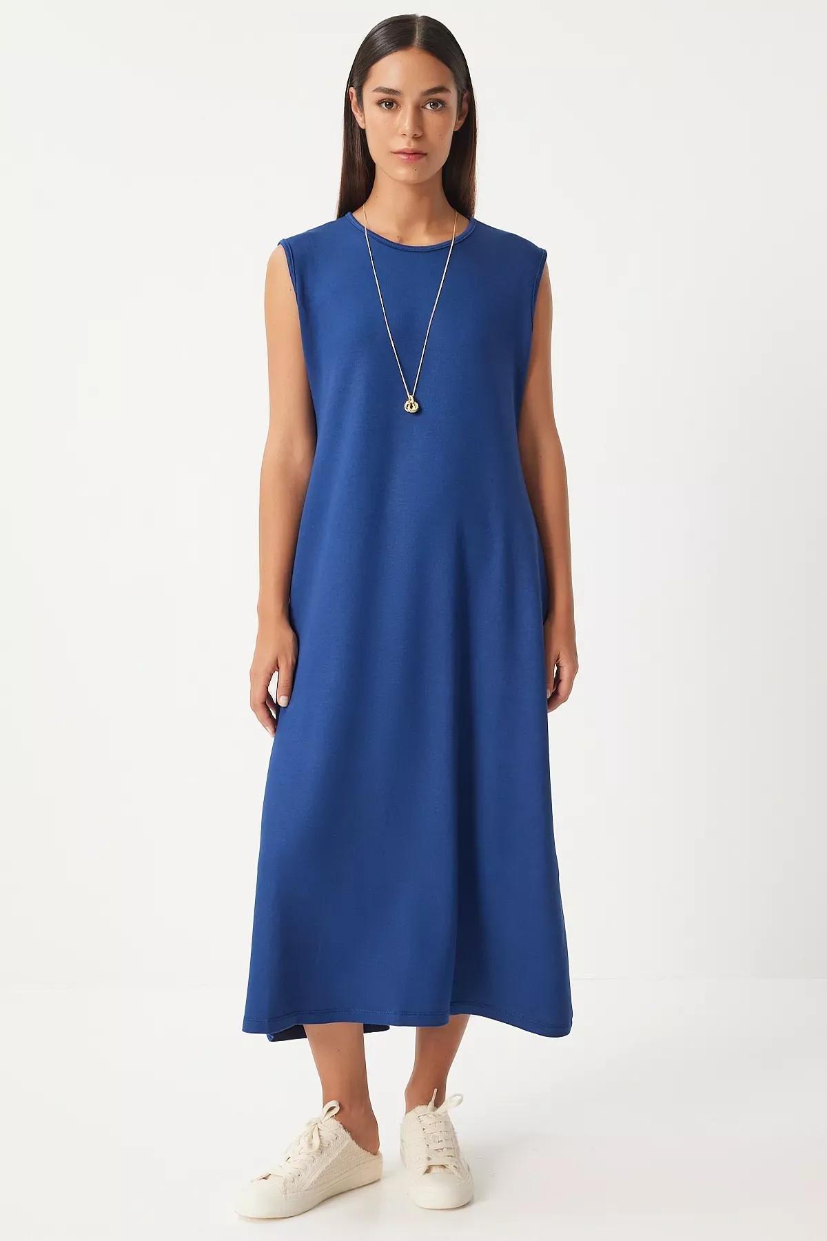 Navy Sleeveless Summer Flowy Knitted Dress, Navy blue, large image number 0
