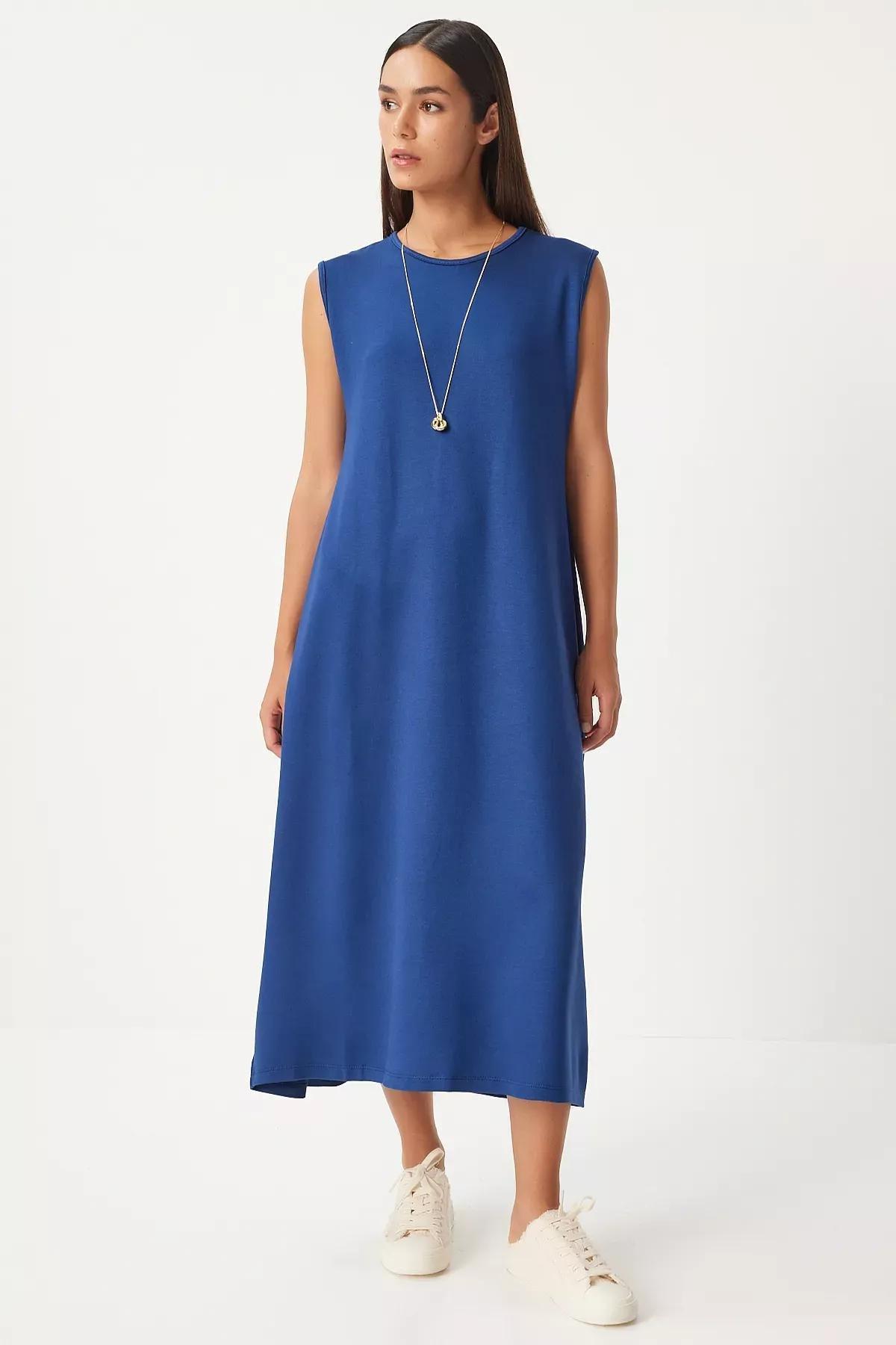 Navy Sleeveless Summer Flowy Knitted Dress, Navy blue, large image number 1