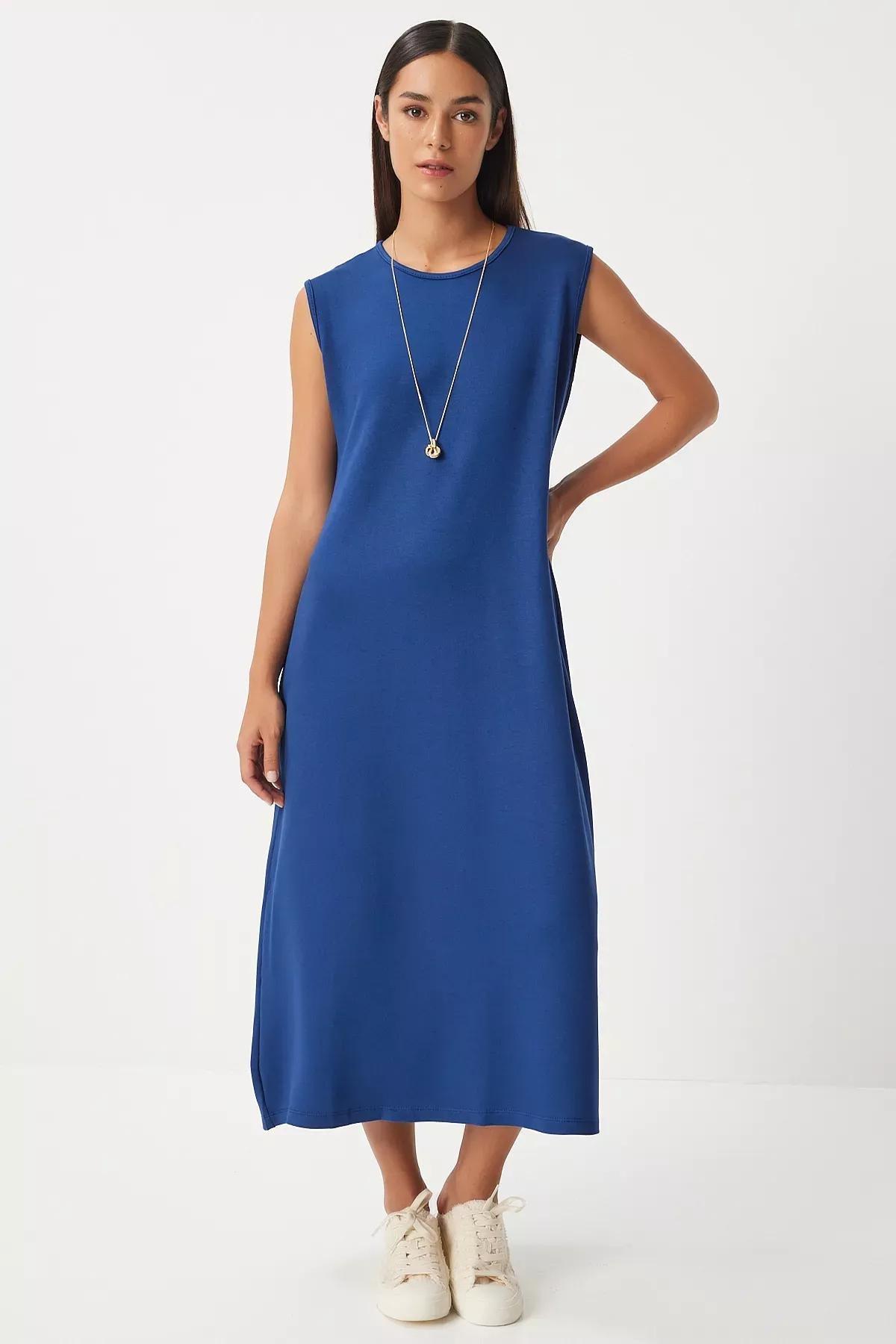 Navy Sleeveless Summer Flowy Knitted Dress, Navy blue, large image number 2