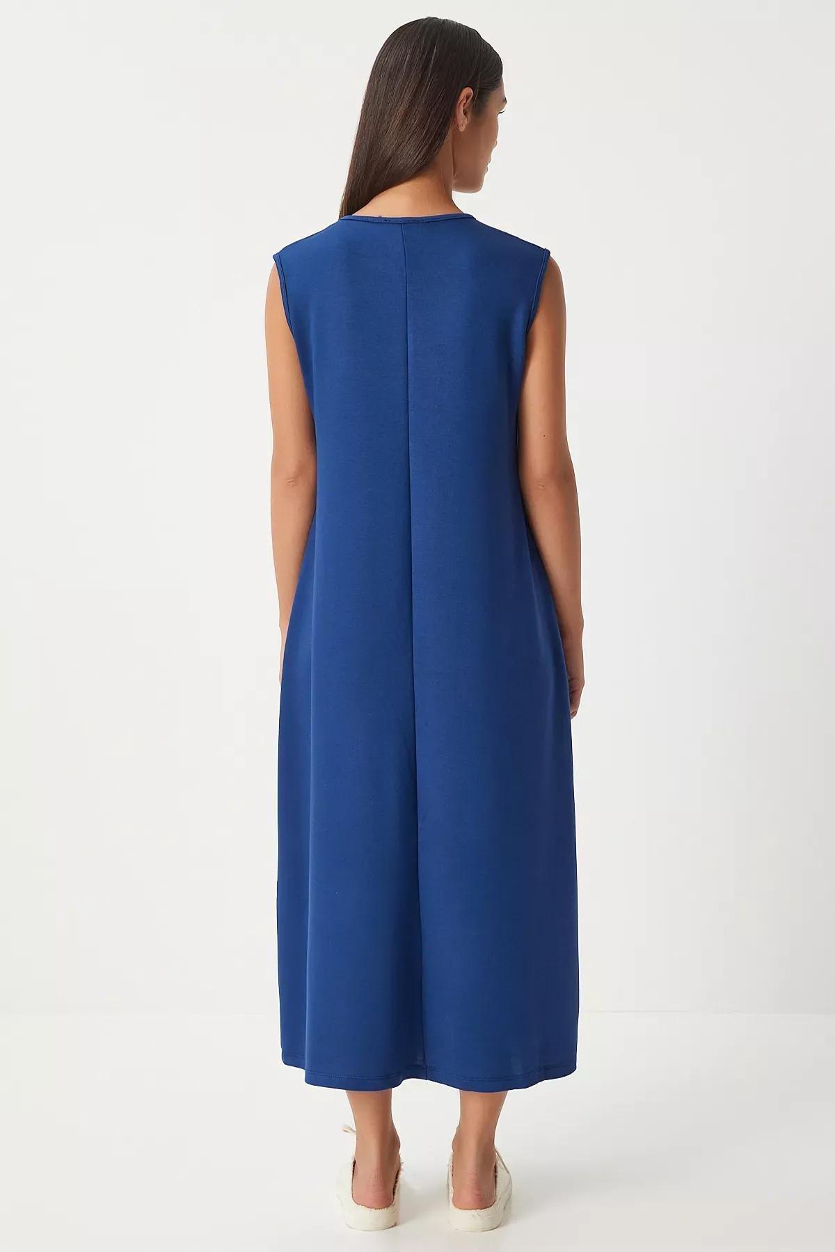 Navy Sleeveless Summer Flowy Knitted Dress, Navy blue, large image number 4