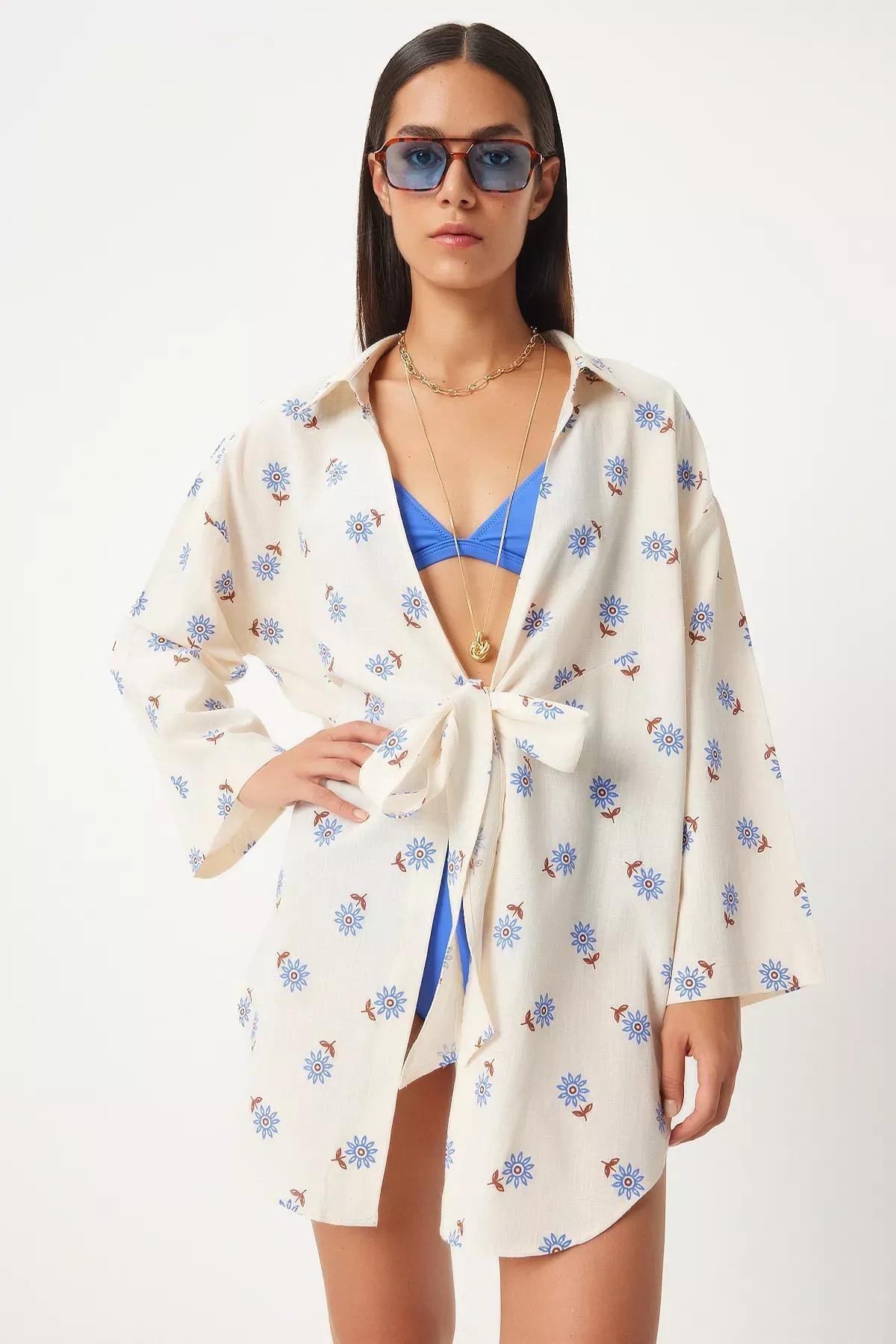 Beige Tied Linen Kimono, Ecru blue, large image number 0