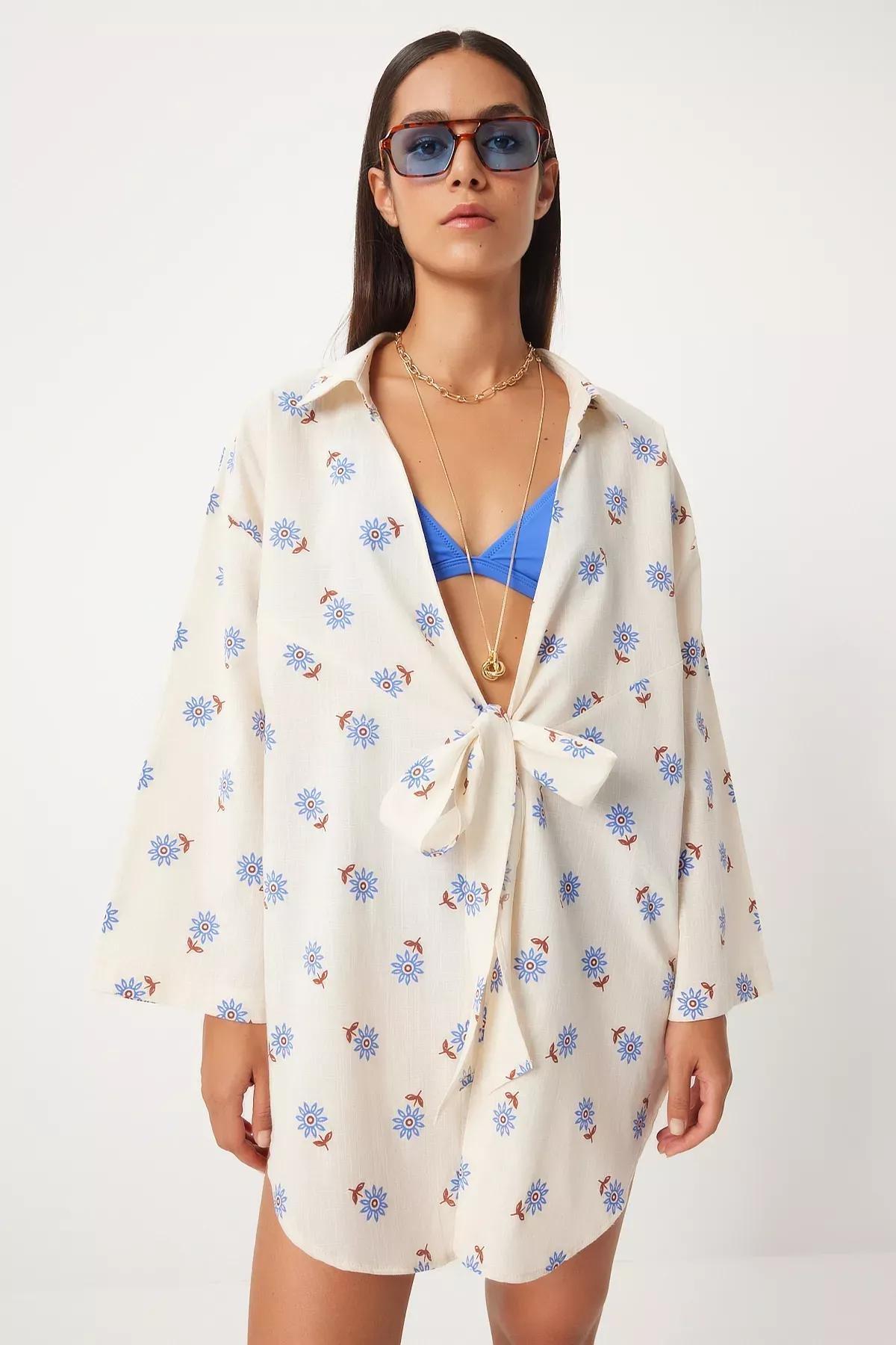 Beige Tied Linen Kimono, Ecru blue, large image number 1