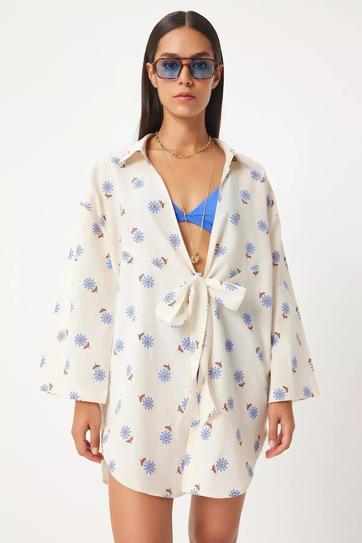 Beige Tied Linen Kimono, Ecru blue, large image number 2