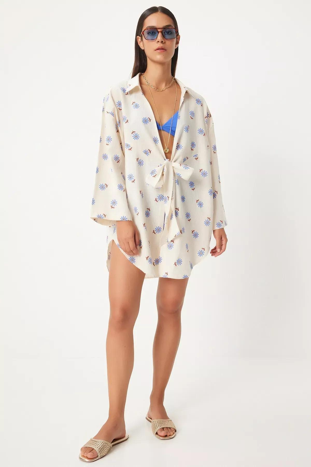 Beige Tied Linen Kimono, Ecru blue, large image number 3