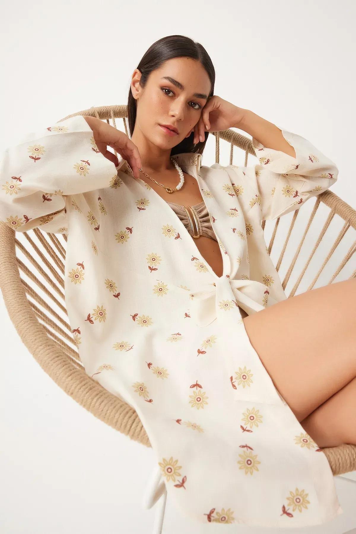 Cream Yellow Tied Linen Kimono, C101_5101, large image number 0