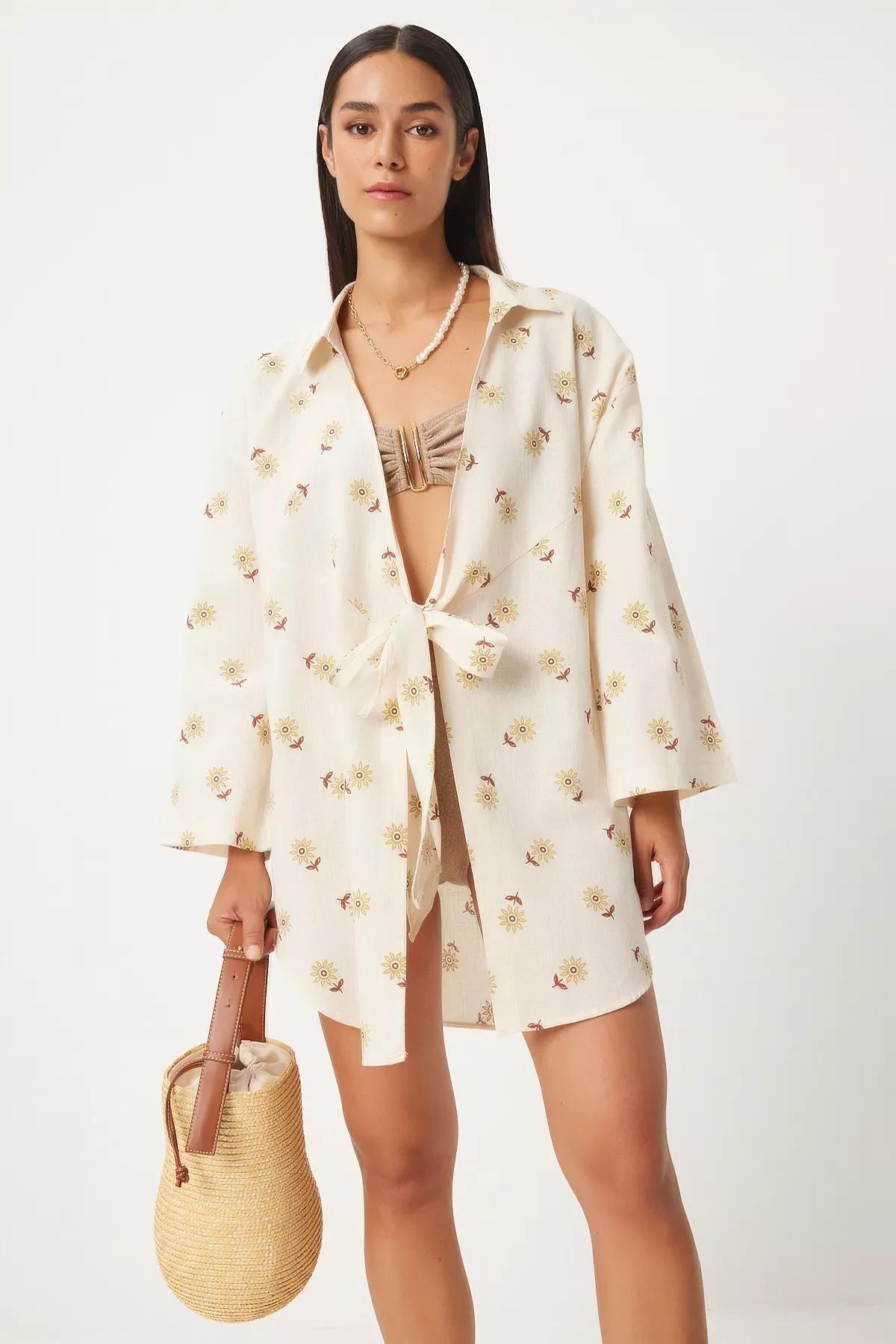 Cream Yellow Tied Linen Kimono, C101_5101, large image number 2
