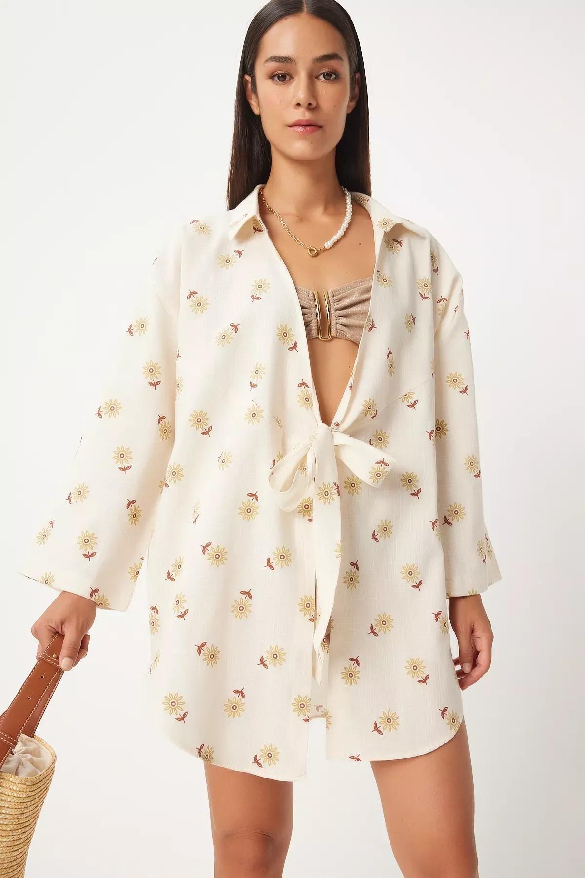 Cream Yellow Tied Linen Kimono, C101_5101, large image number 3