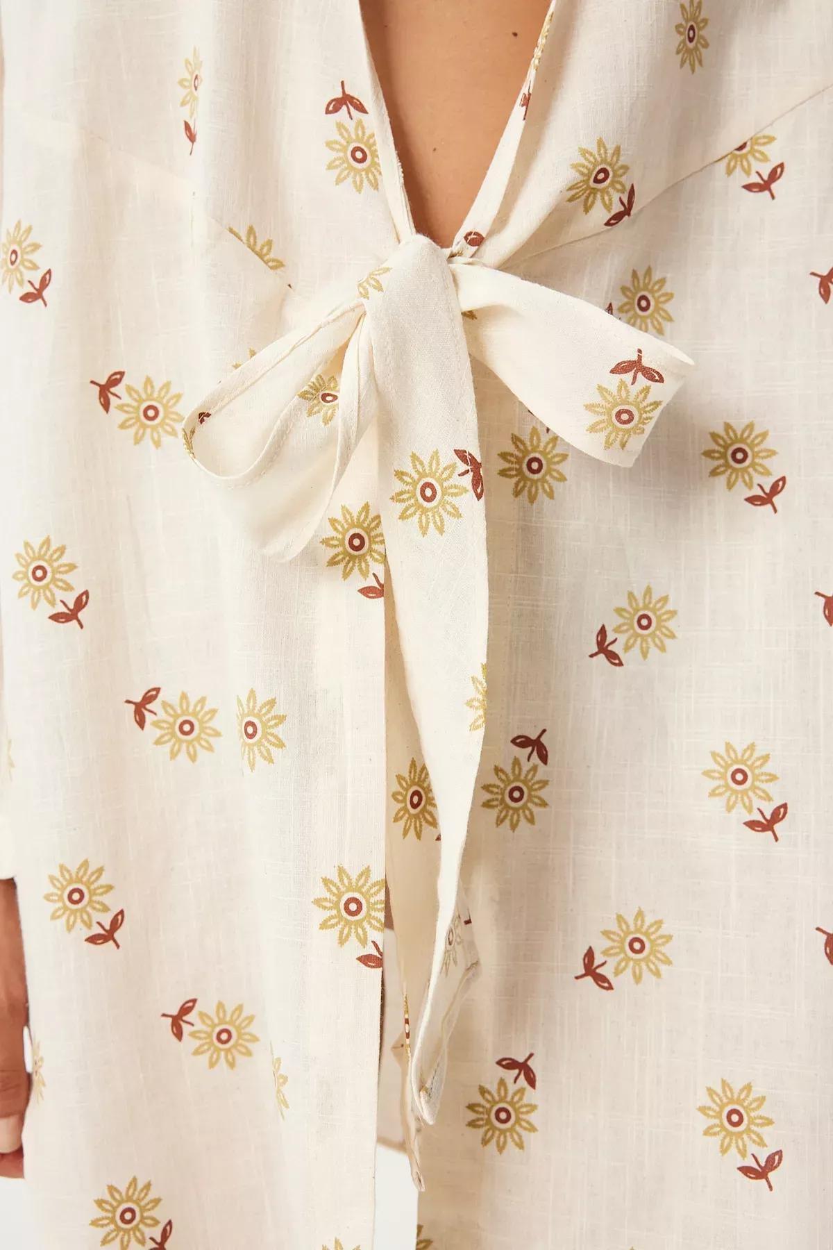 Cream Yellow Tied Linen Kimono, C101_5101, large image number 4