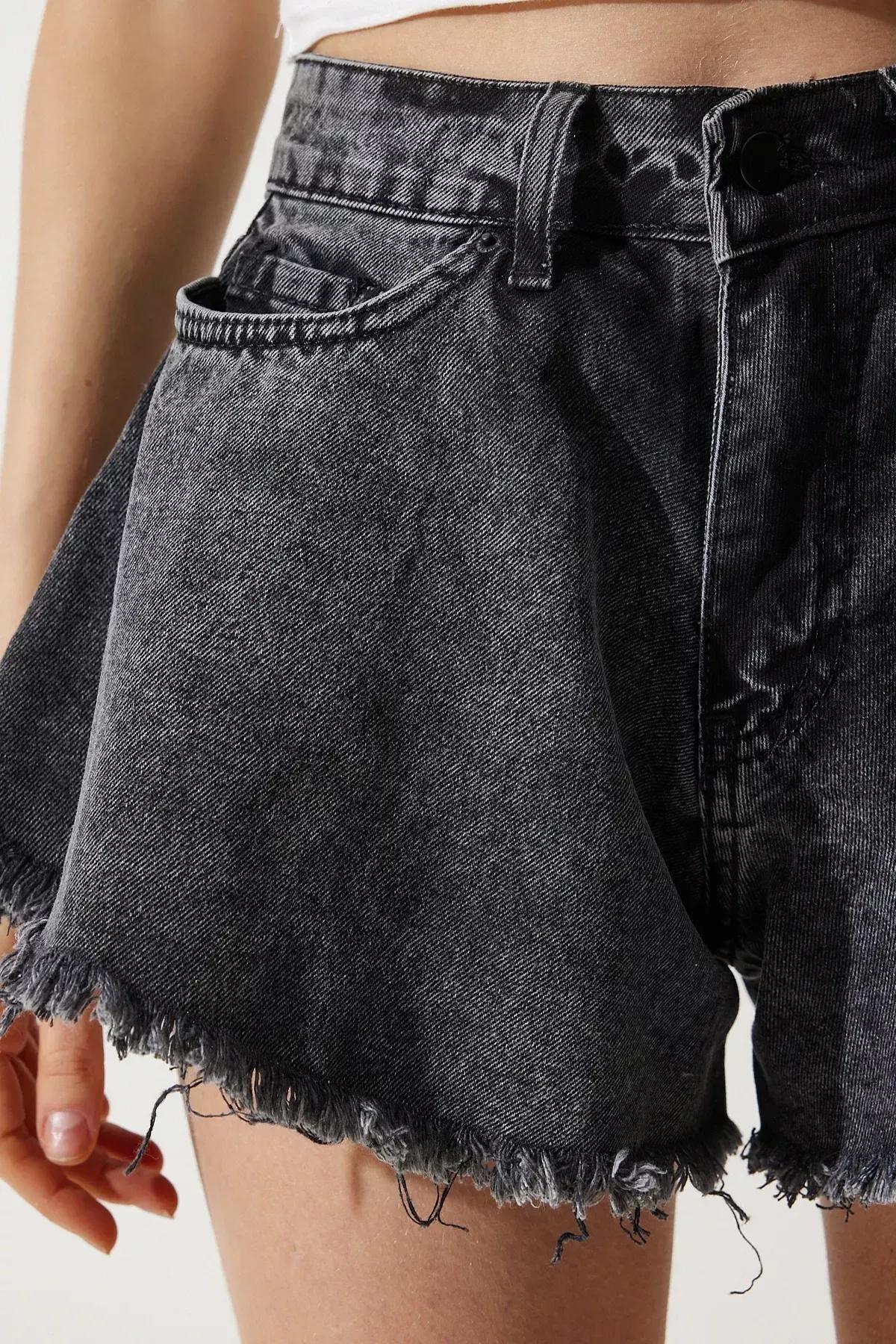 Grey Tasseled Mini Denim Shorts, Anthracite, large image number 4