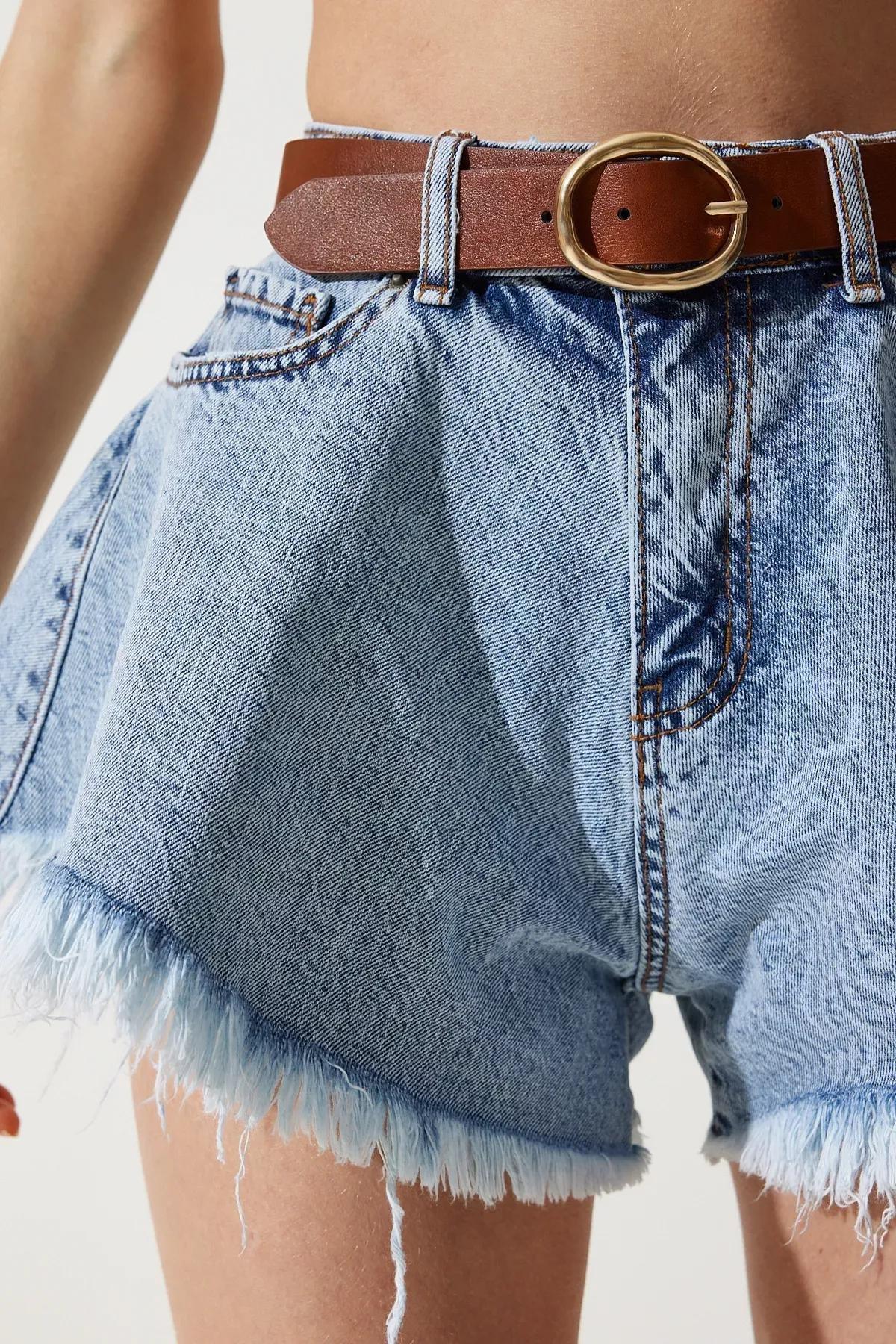 Womens Medium Blue Tasseled Mini Denim Shorts HE00002, single, , large image number 2