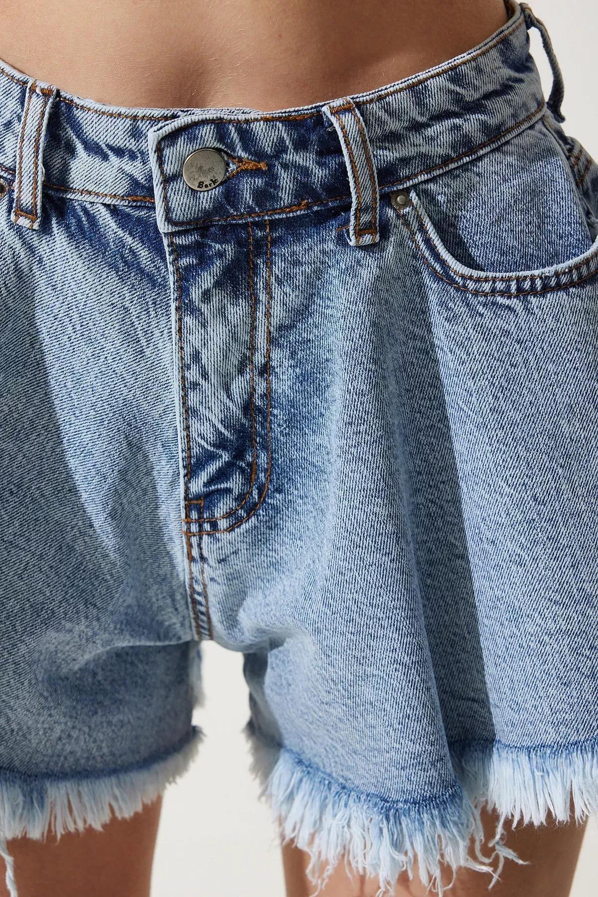 Womens Medium Blue Tasseled Mini Denim Shorts HE00002, single, , large image number 3