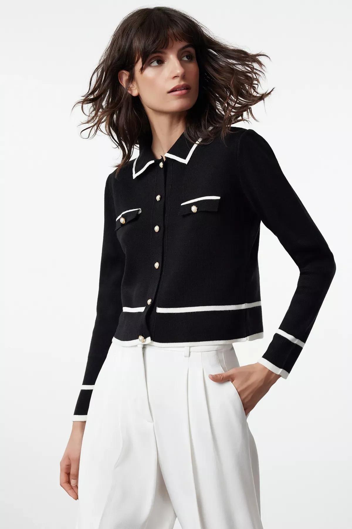 Black Color Block Polo Cardigan, BLACK, large image number 0