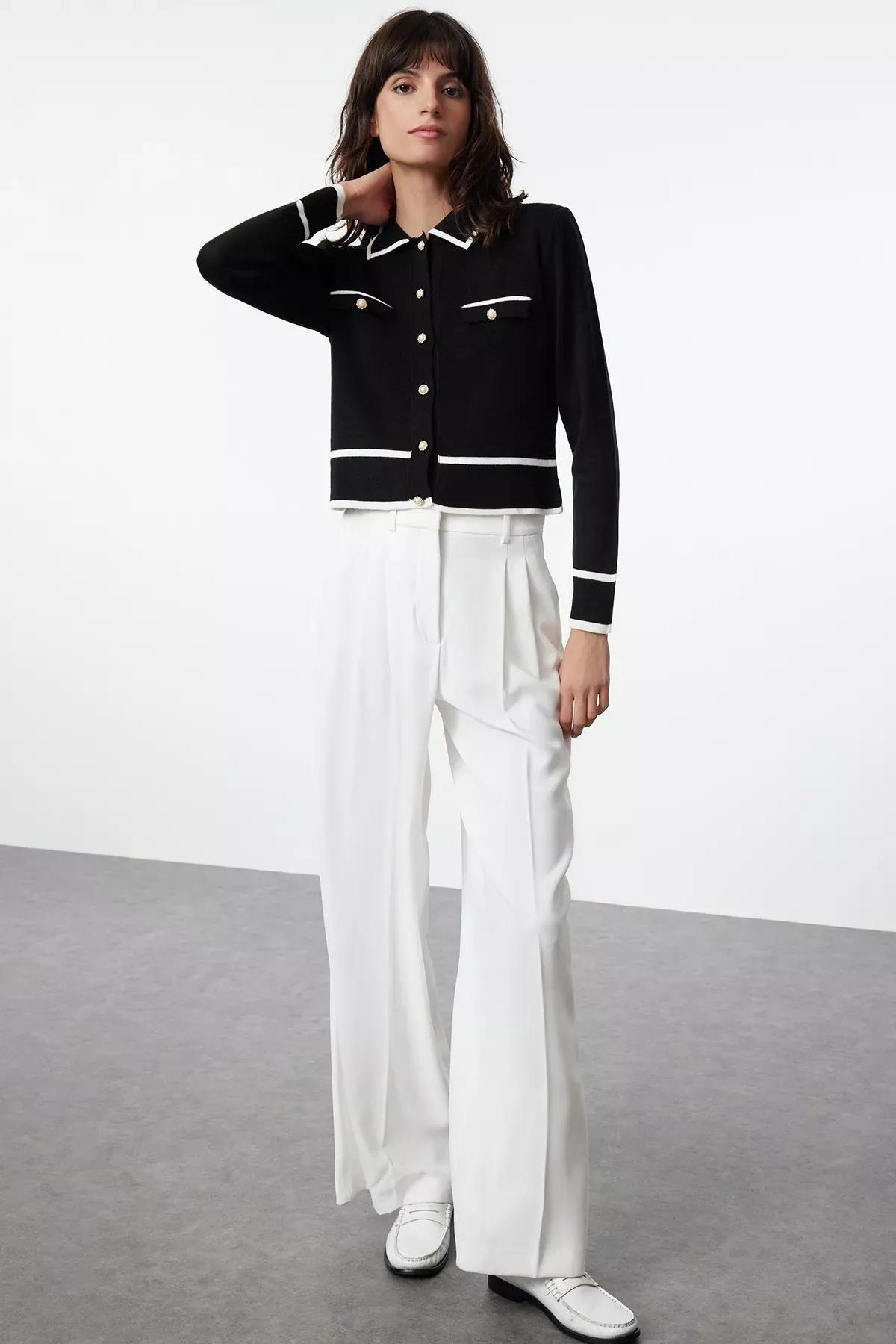 Black Color Block Polo Cardigan, BLACK, large image number 1