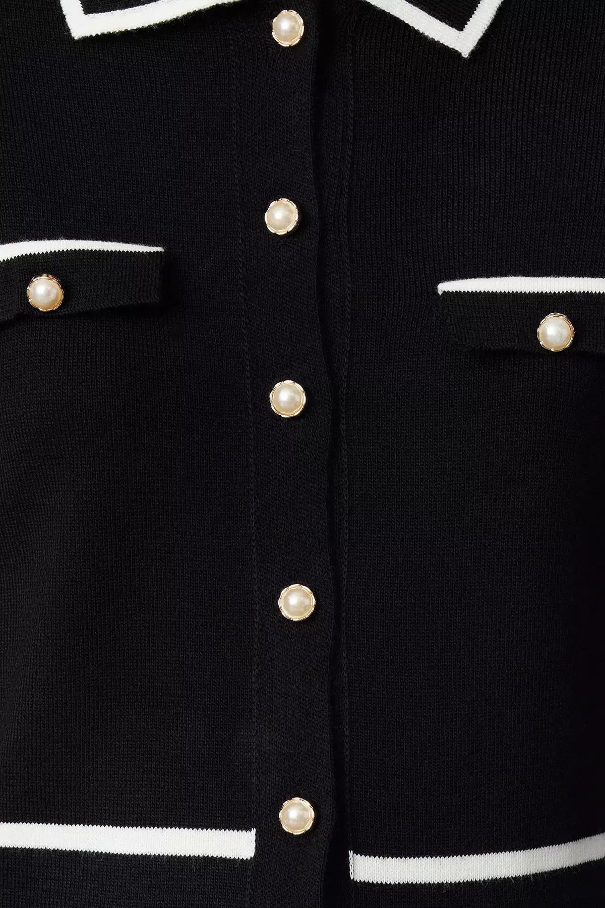 Black Color Block Polo Cardigan, BLACK, medium