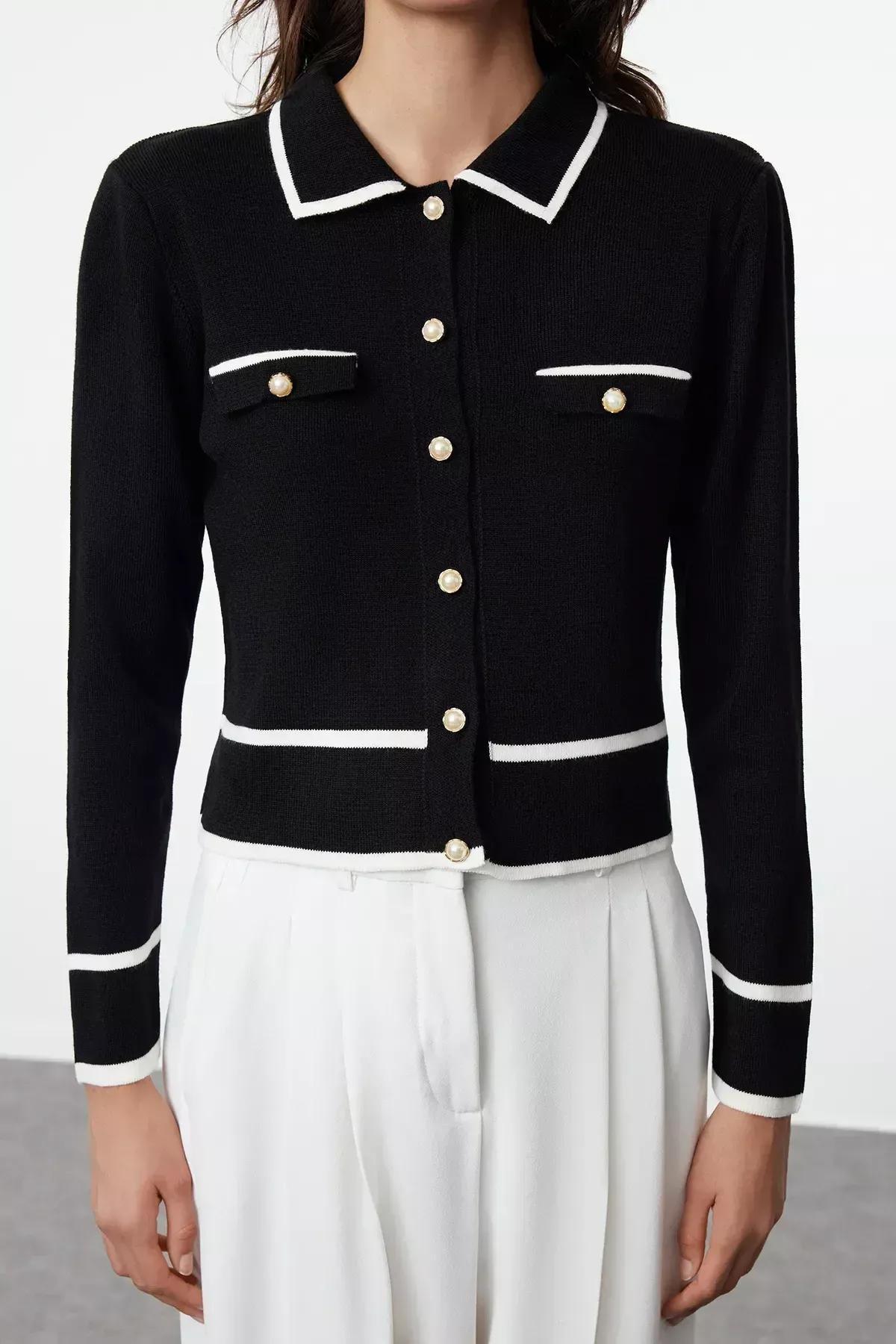 Black Color Block Polo Cardigan, BLACK, large image number 3