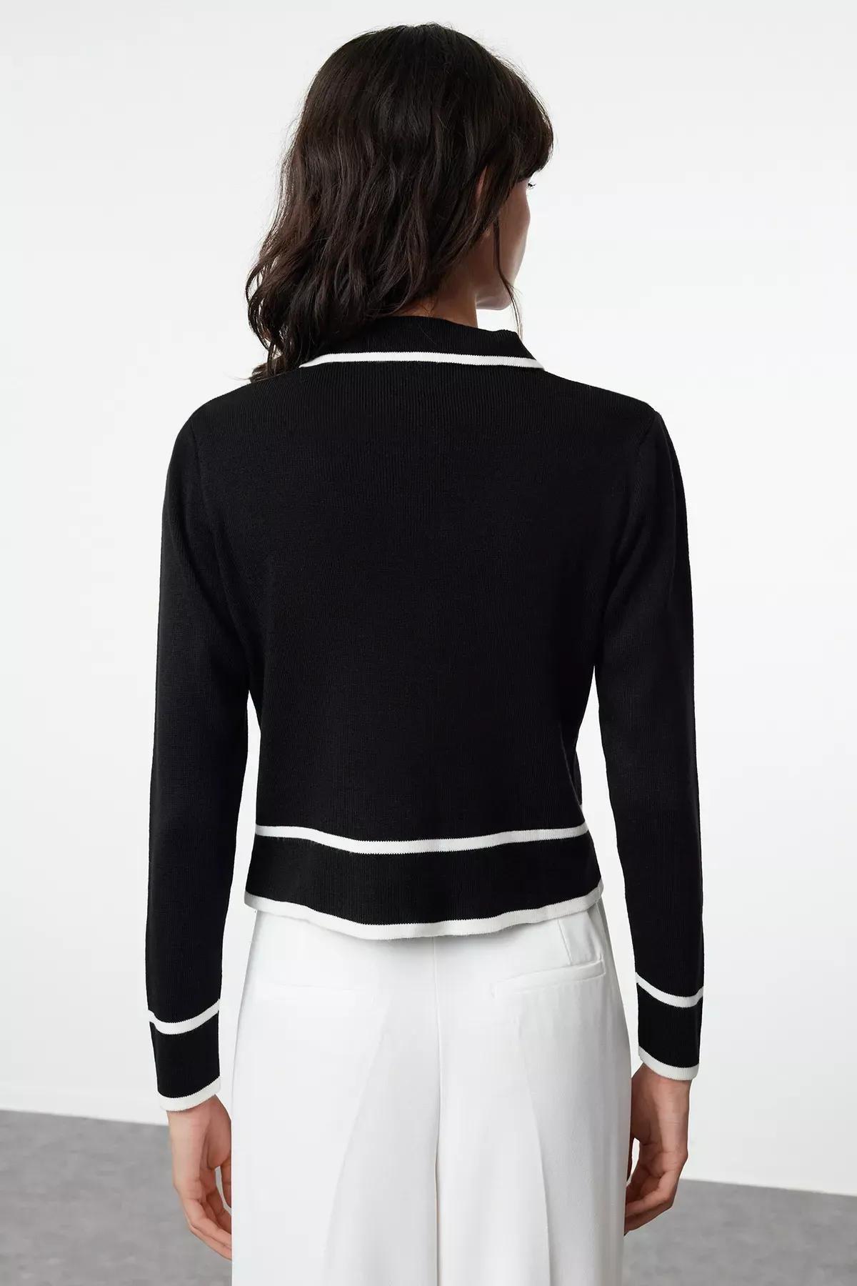 Black Color Block Polo Cardigan, BLACK, large image number 4