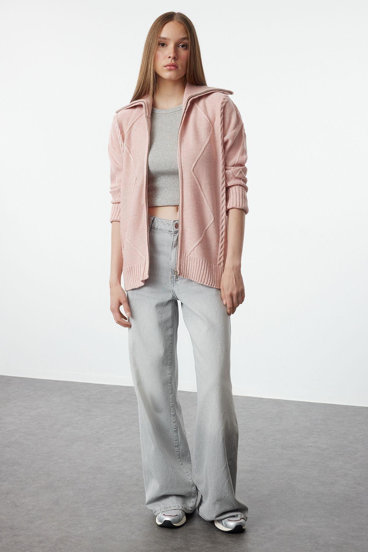 Pink Soft Textured Hooded Zippered Knitwear Cardigan TWOAW25HI00227, Pink, large image number 0