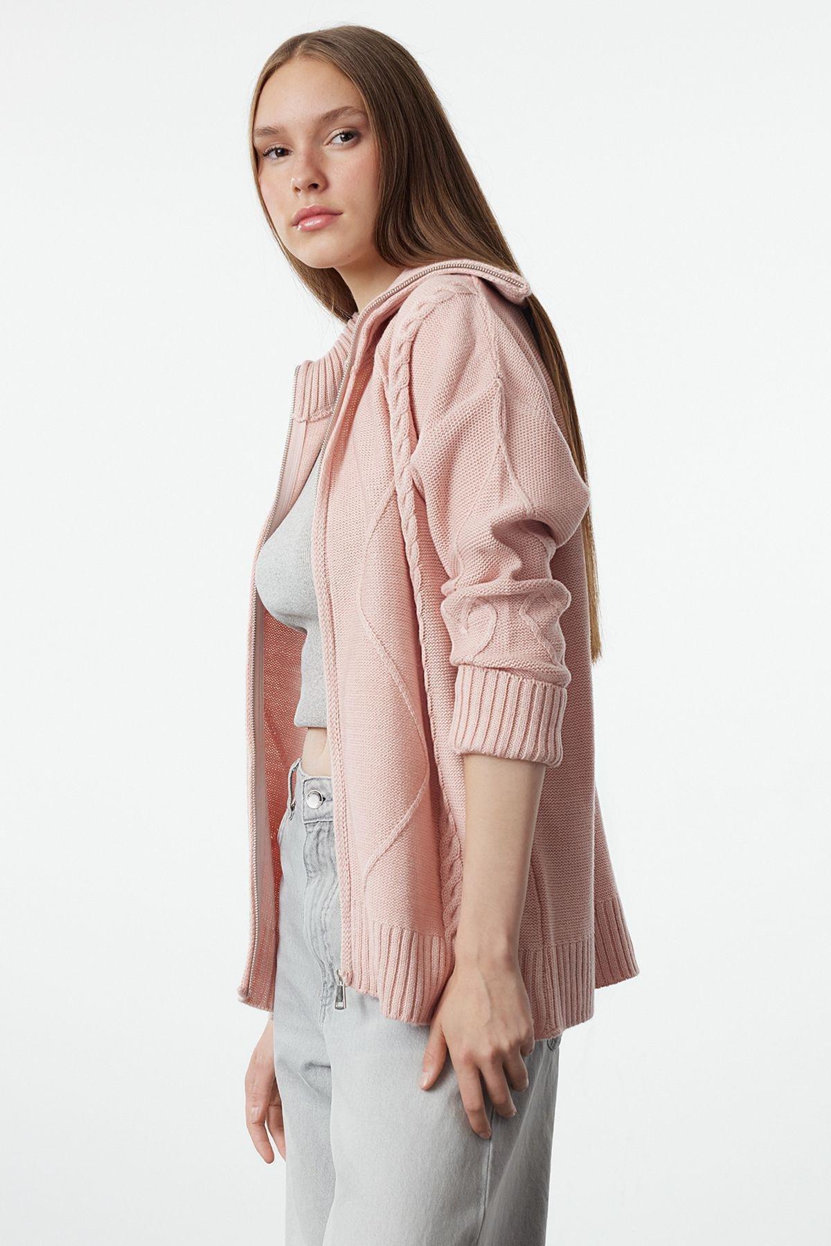 Pink Soft Textured Hooded Zippered Knitwear Cardigan TWOAW25HI00227, Pink, large image number 1