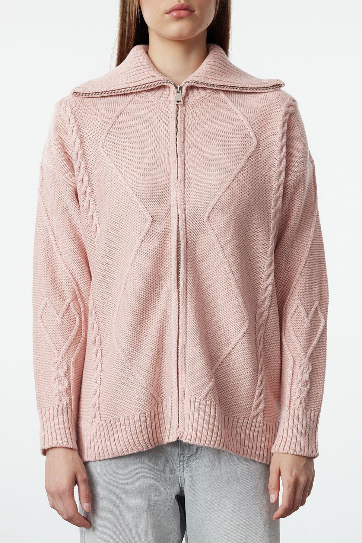 Pink Soft Textured Hooded Zippered Knitwear Cardigan TWOAW25HI00227, Pink, large image number 3
