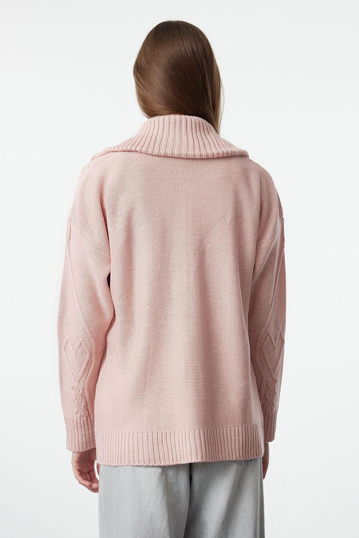 Pink Soft Textured Hooded Zippered Knitwear Cardigan TWOAW25HI00227, Pink, large image number 4