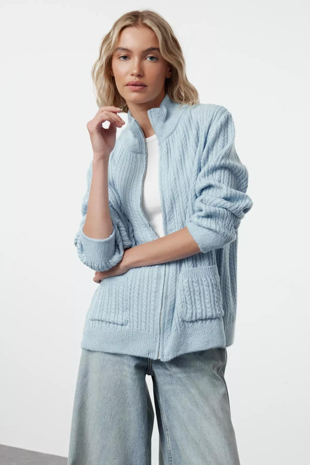 Blue Knit Cardigan, Blue, large image number 0