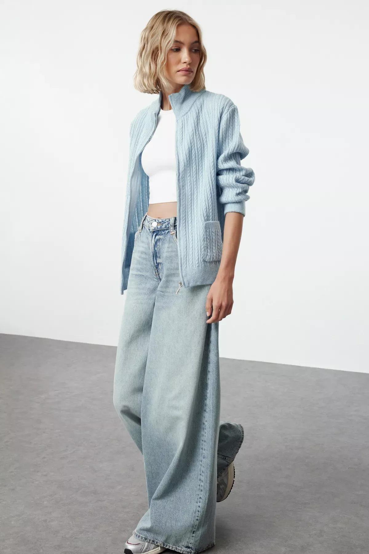Blue Knit Cardigan, Blue, large image number 1