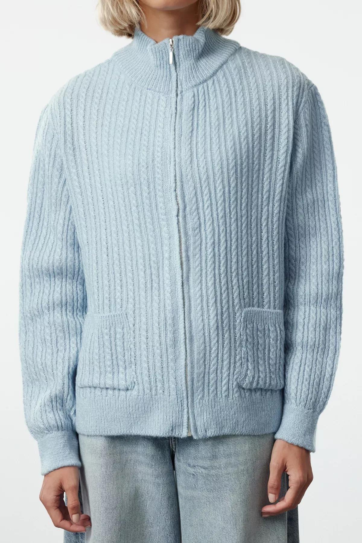 Blue Knit Cardigan, Blue, large image number 3