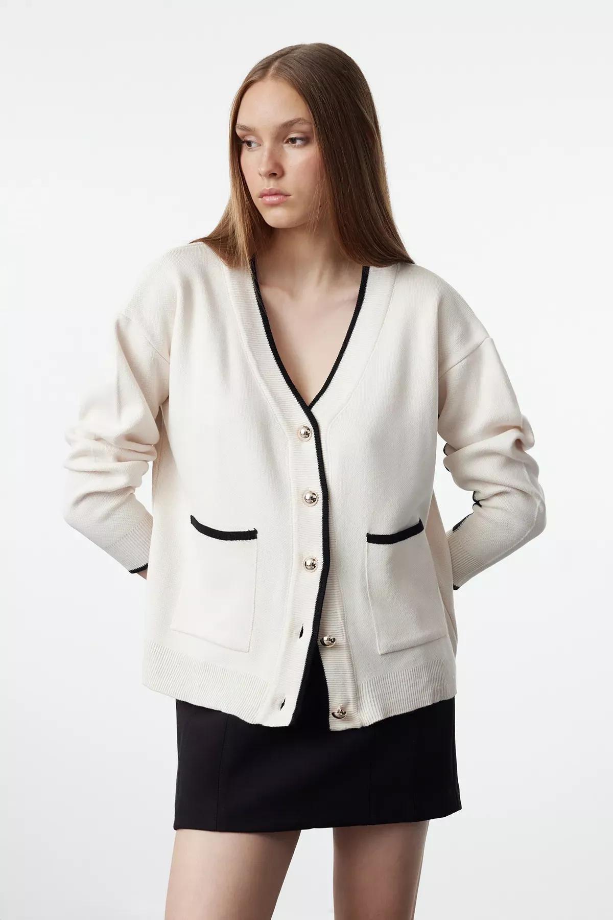 Beige Wide Pattern Wide Pattern Knitted Cardigan, Ecru, medium