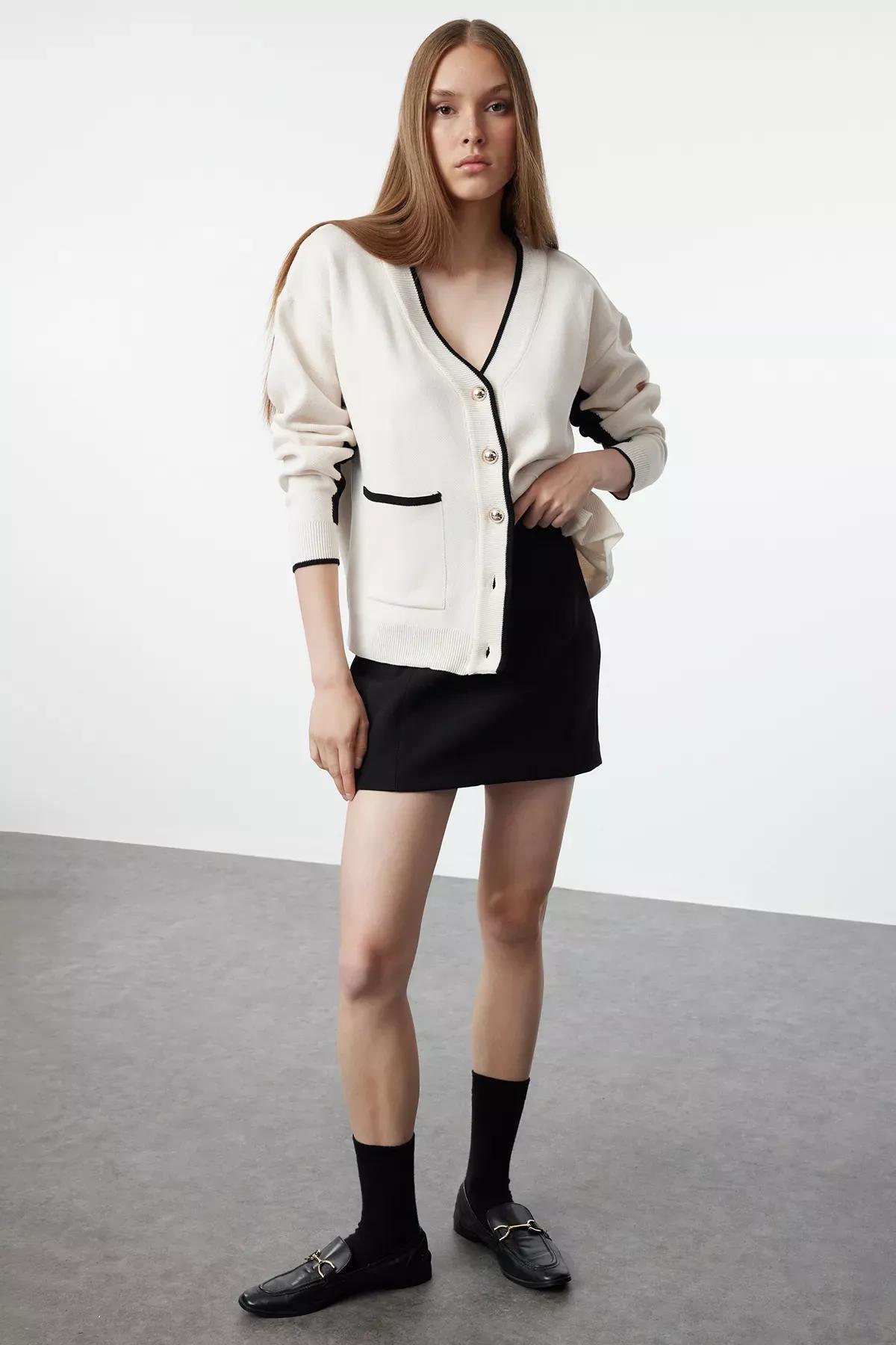 Beige Wide Pattern Wide Pattern Knitted Cardigan, Ecru, medium