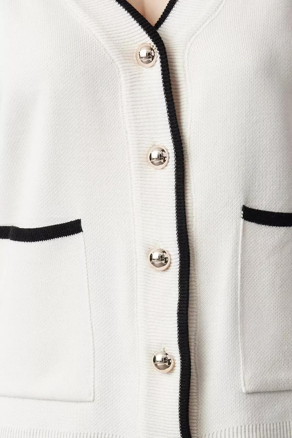 Beige Wide Pattern Wide Pattern Knitted Cardigan, Ecru, medium