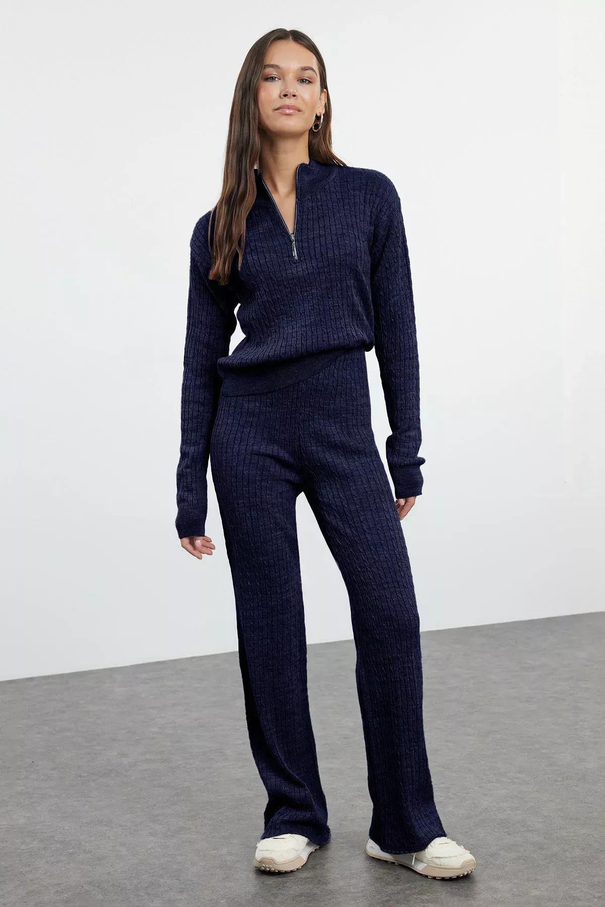 Navy Zippered Knitted Pyjamas Set, Navy blue, medium