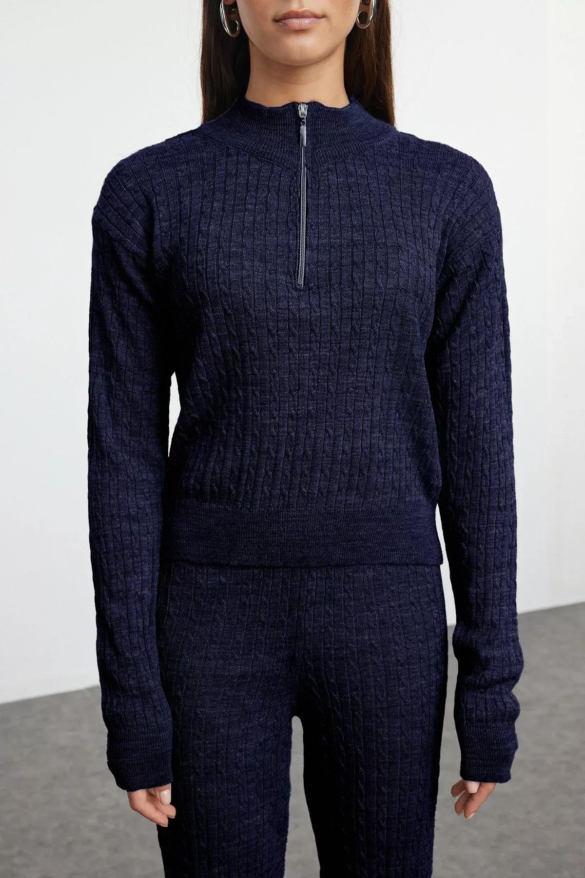 Navy Zippered Knitted Pyjamas Set, Navy blue, large image number 2