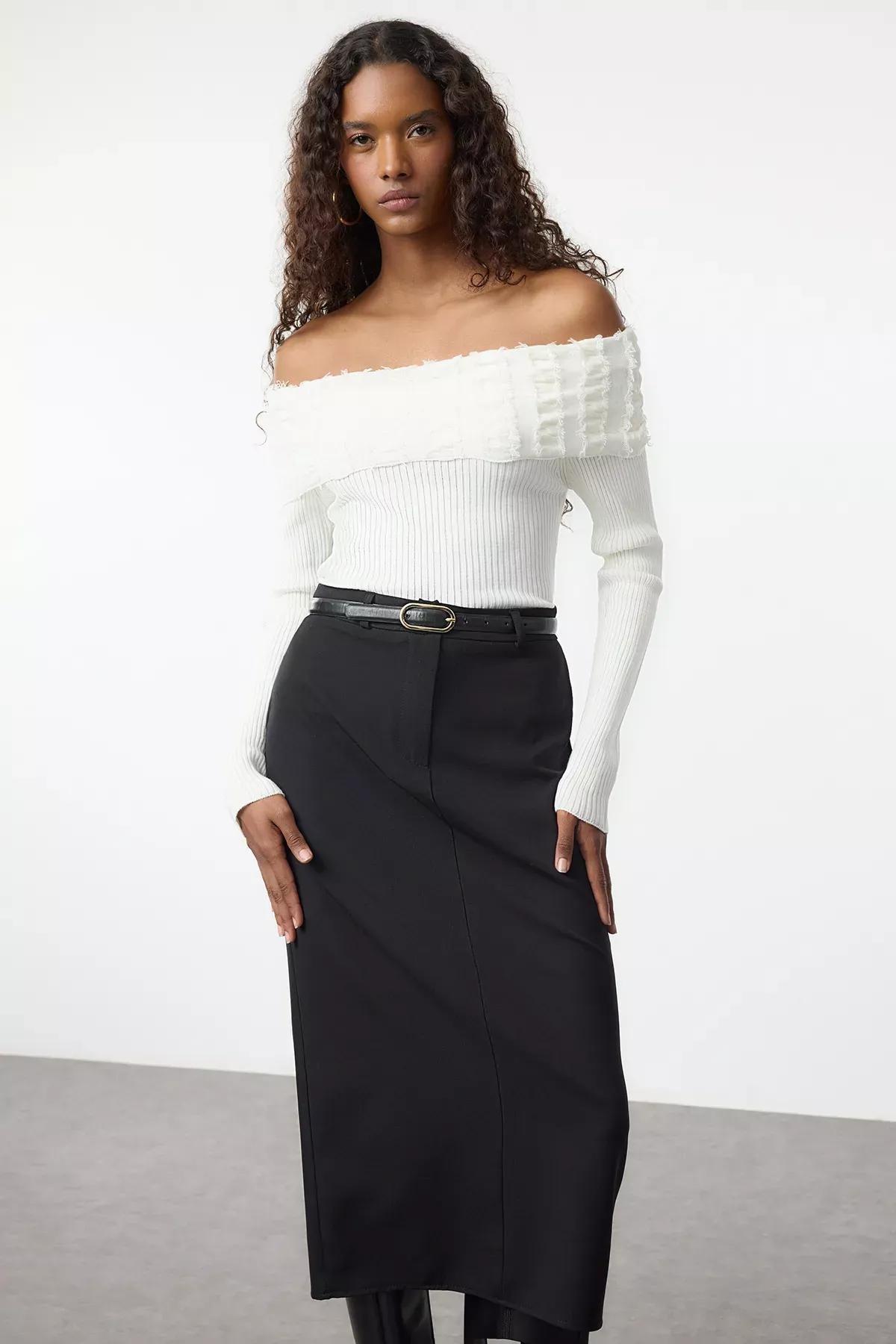 Beige Carmen Collar Draped Knitted Sweater, Ecru, large image number 0