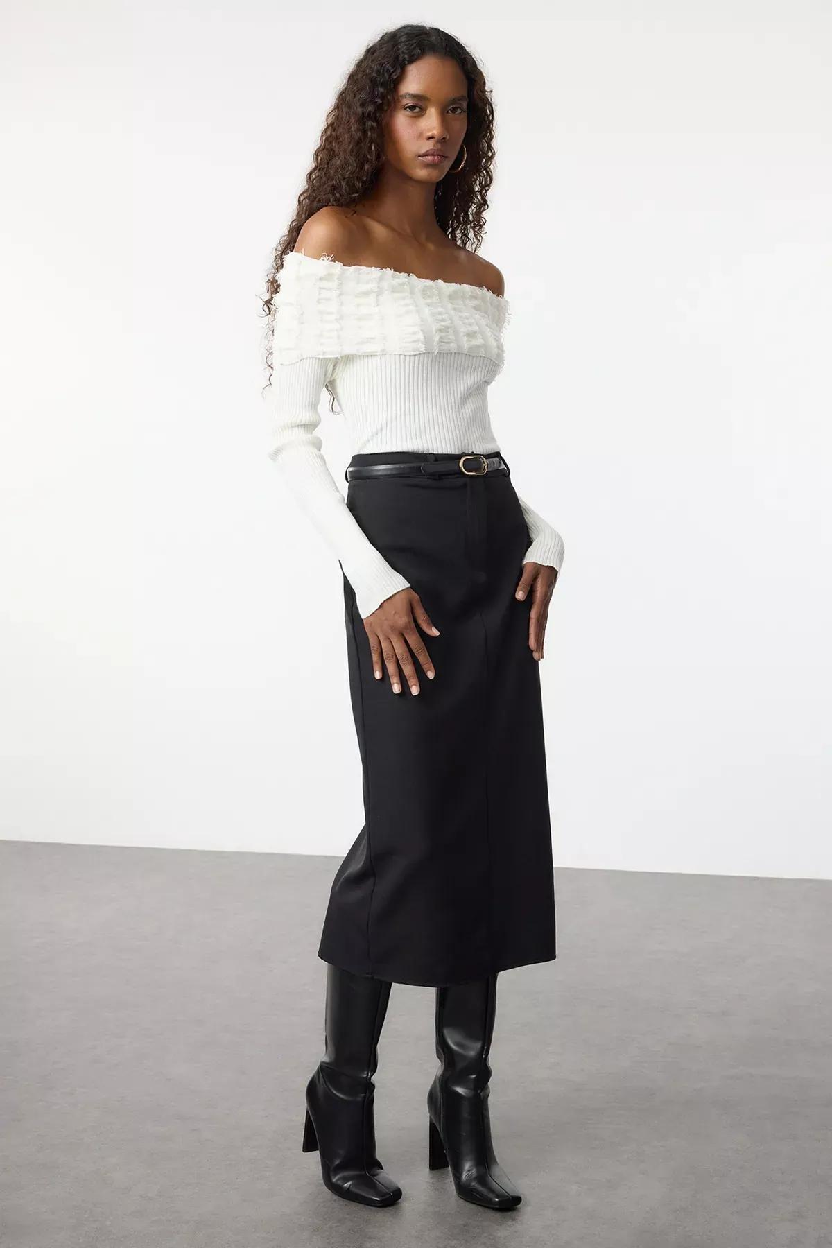 Beige Carmen Collar Draped Knitted Sweater, Ecru, large image number 1