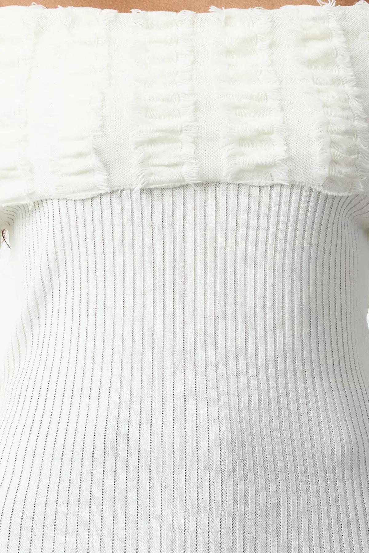 Beige Carmen Collar Draped Knitted Sweater, Ecru, large image number 2