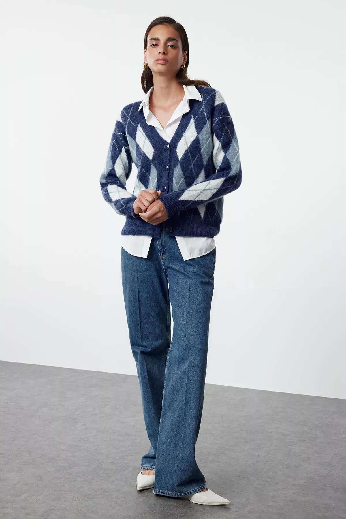 Blue  Plaid Knit Cardigan, DARK BLUE, large image number 1
