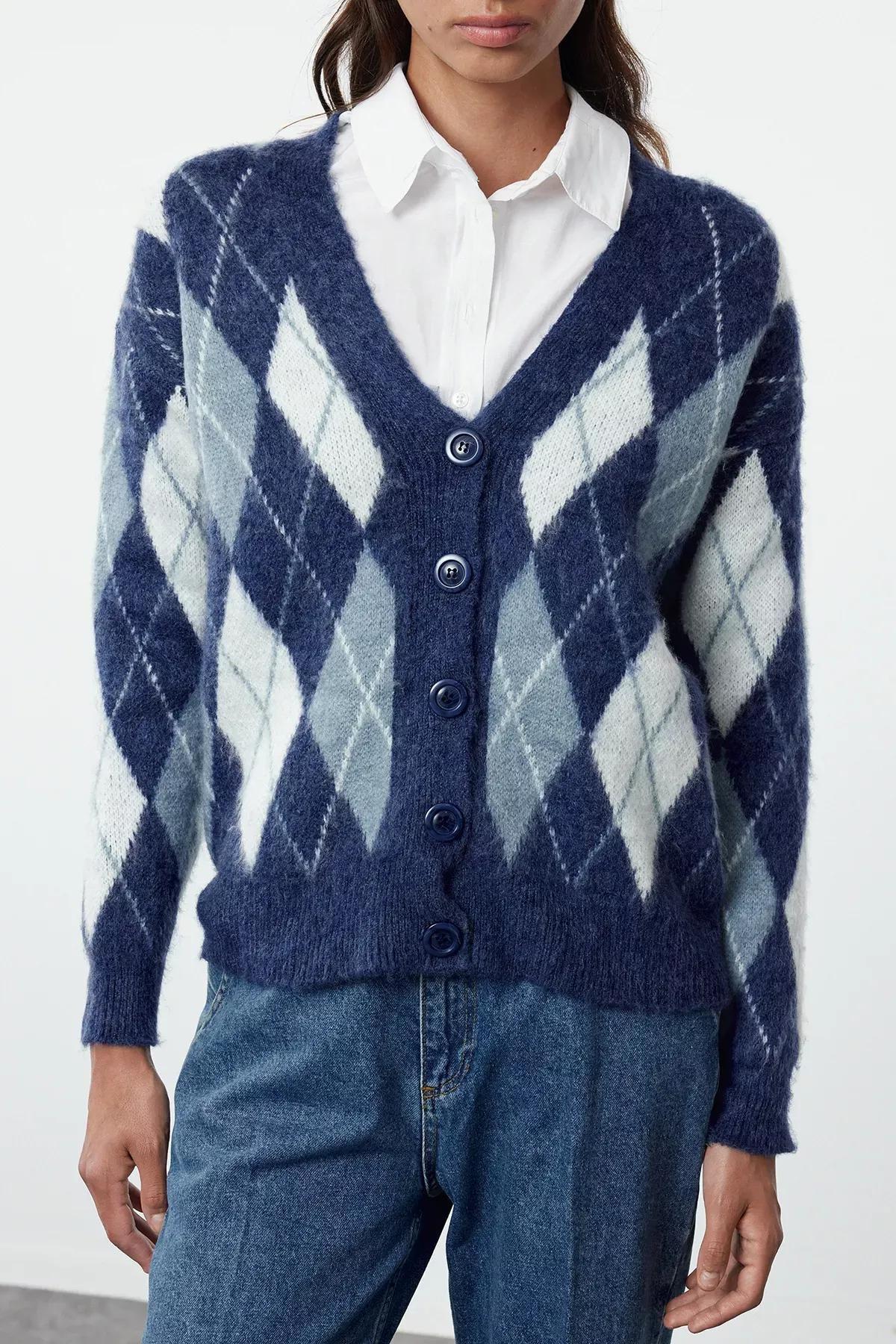 Blue  Plaid Knit Cardigan, DARK BLUE, medium