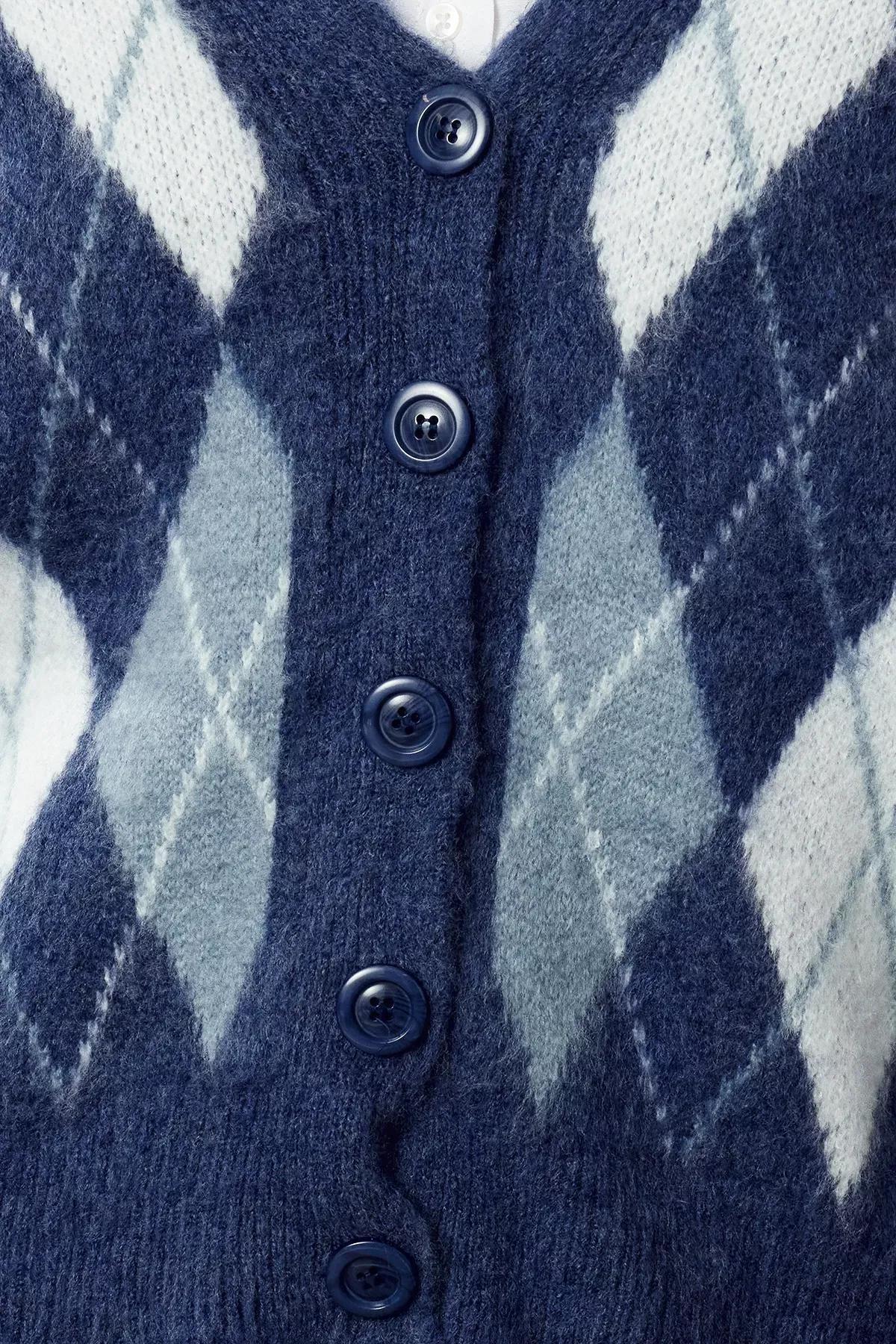 Blue  Plaid Knit Cardigan, DARK BLUE, large image number 3