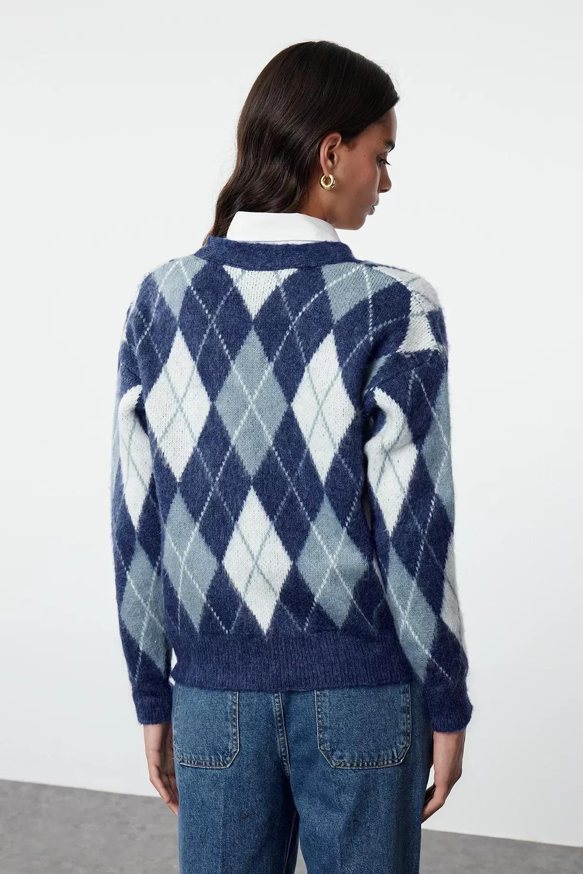 Blue  Plaid Knit Cardigan, DARK BLUE, large image number 4