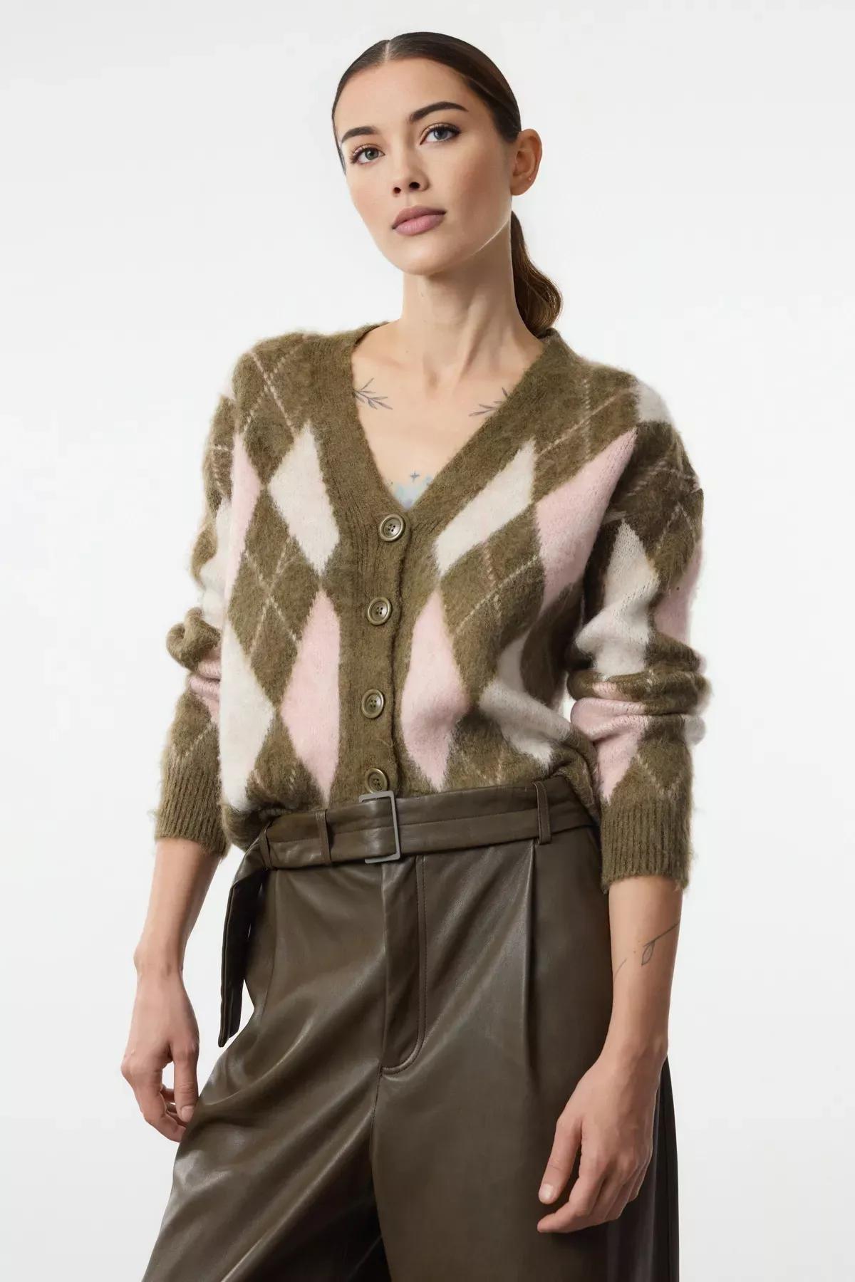 Khaki Textured Plaid Patterned Knitted Cardigan, , large image number 0