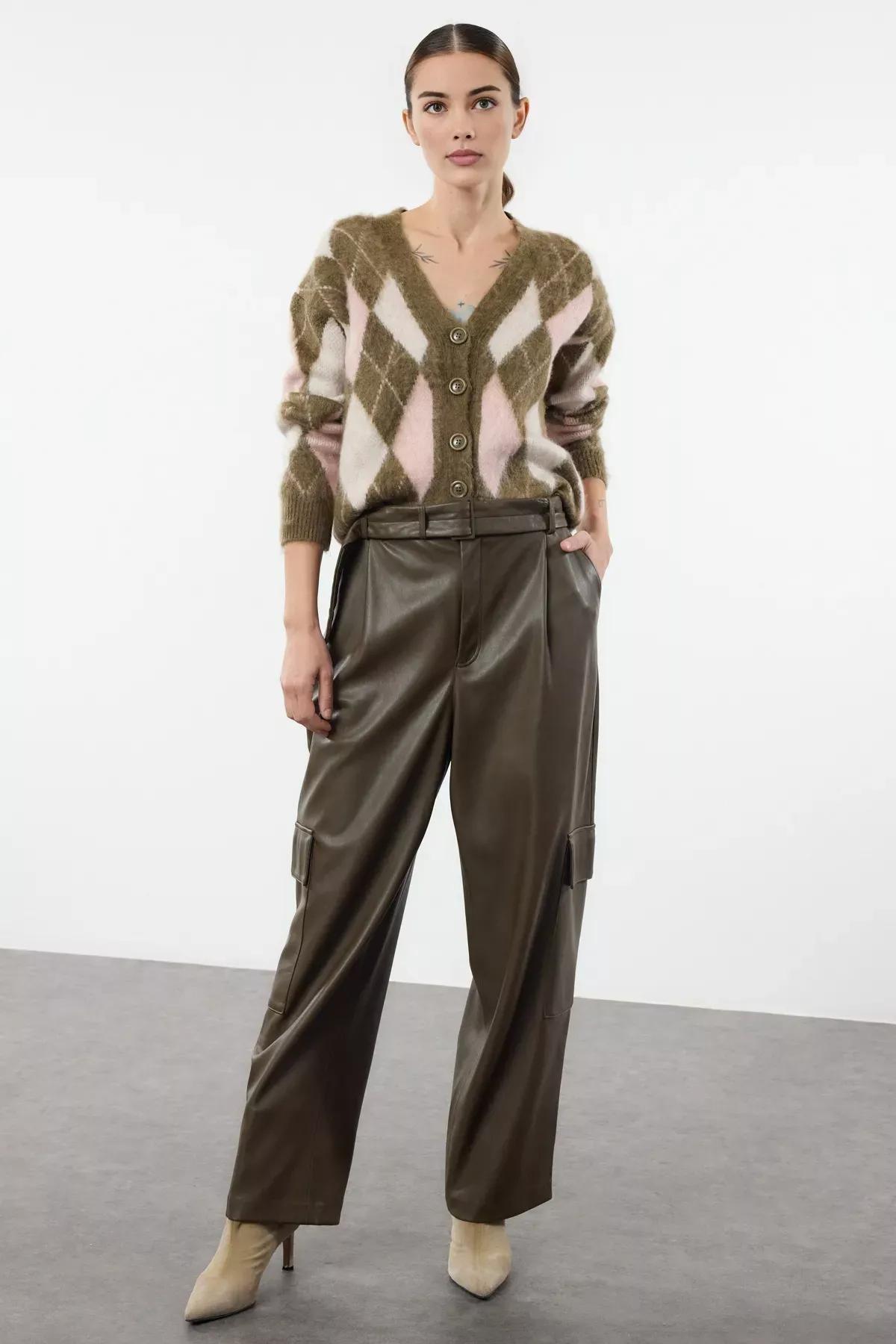 Khaki Textured Plaid Patterned Knitted Cardigan, , large image number 1