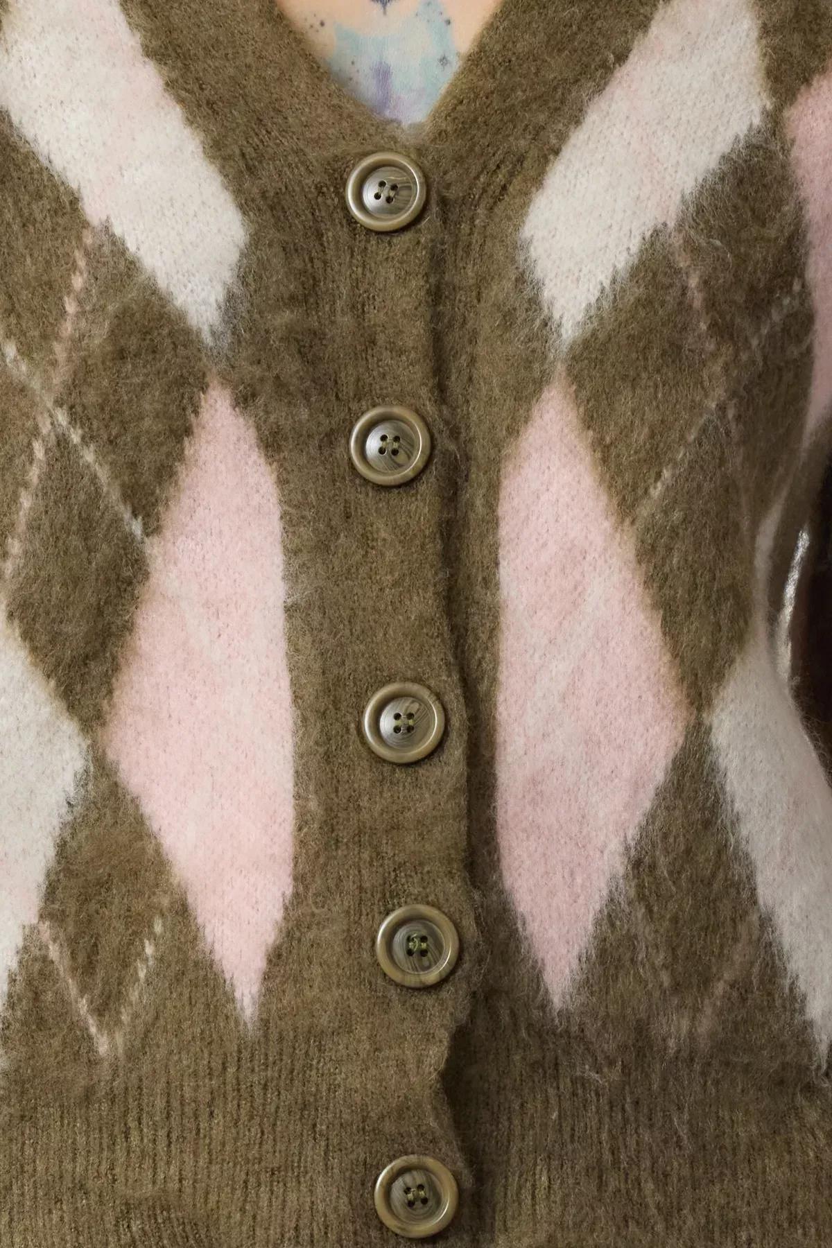Khaki Textured Plaid Patterned Knitted Cardigan, , large image number 2