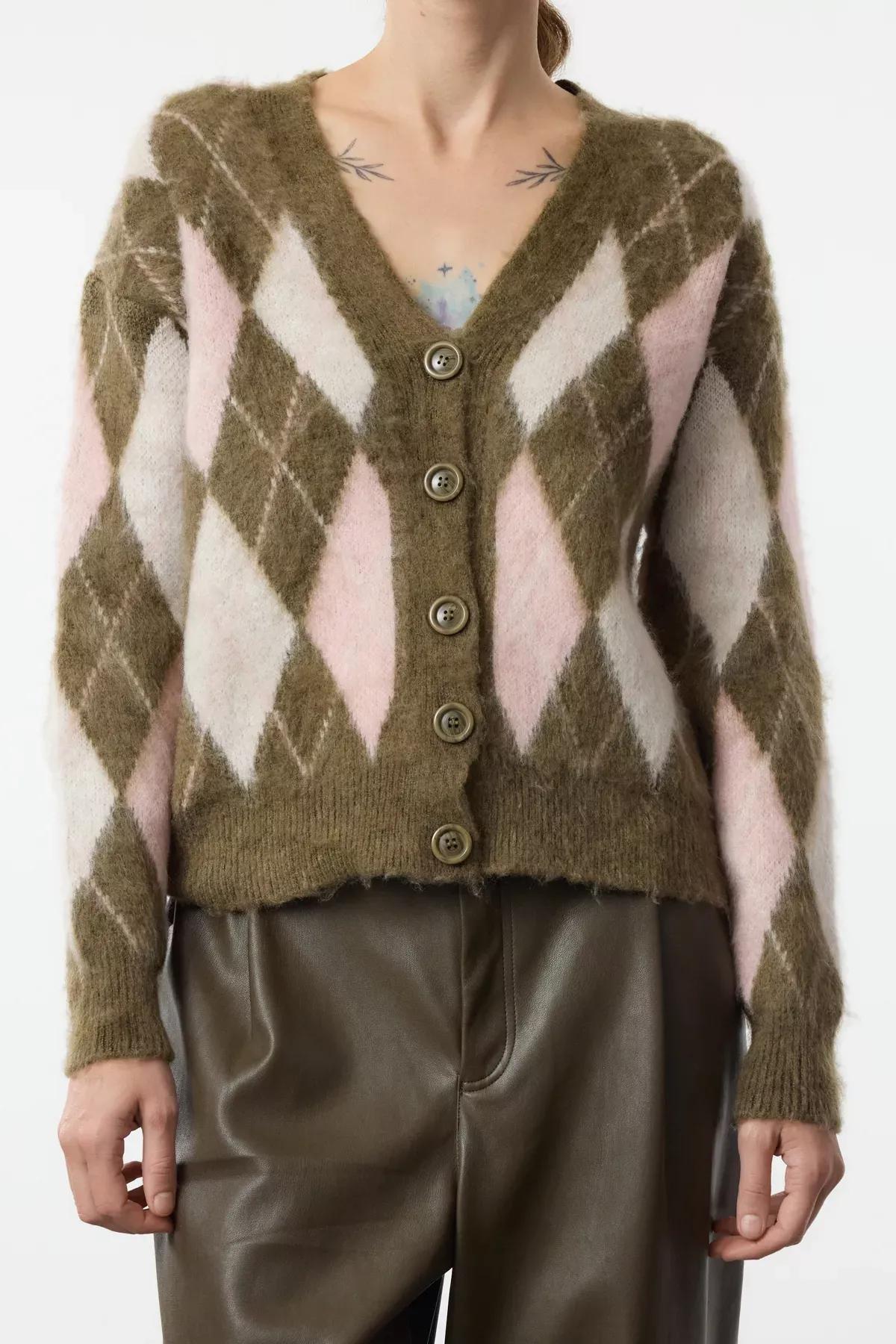 Khaki Textured Plaid Patterned Knitted Cardigan, , large image number 3