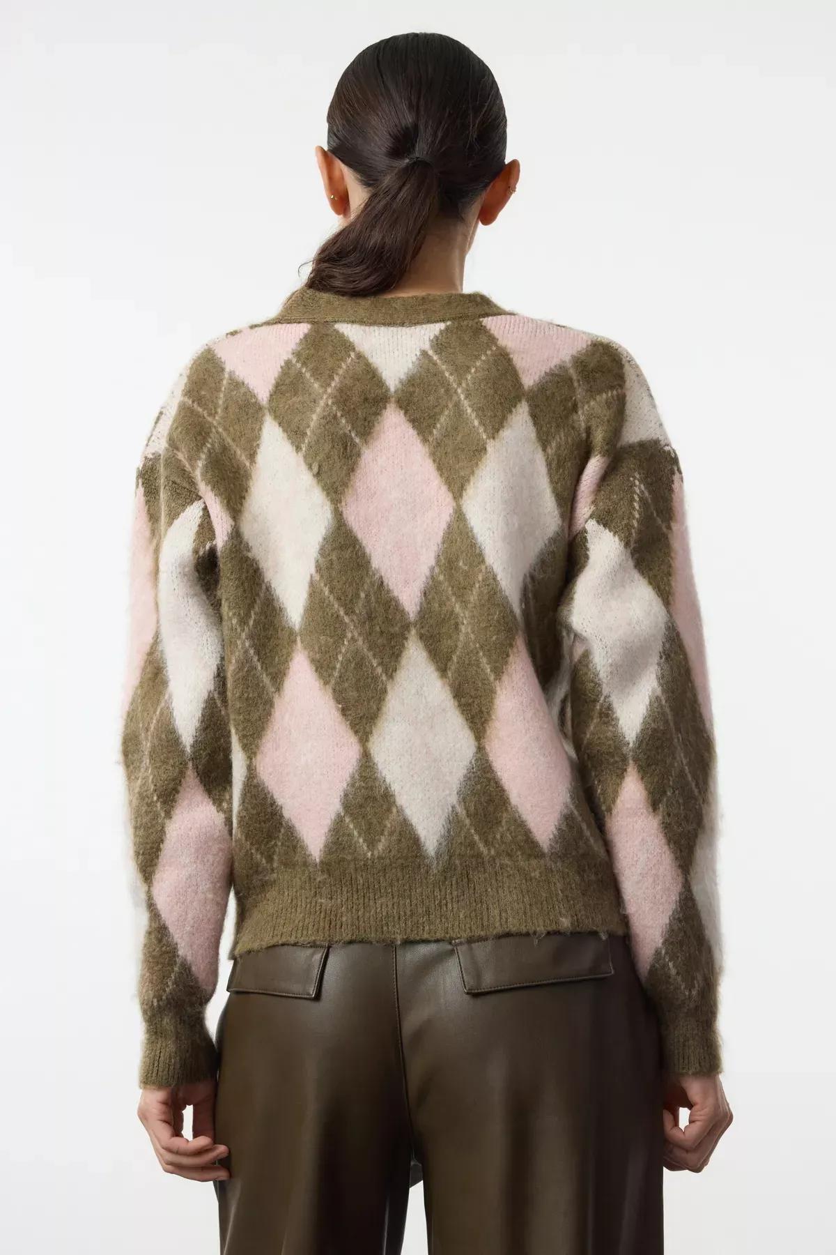 Khaki Textured Plaid Patterned Knitted Cardigan, , large image number 4