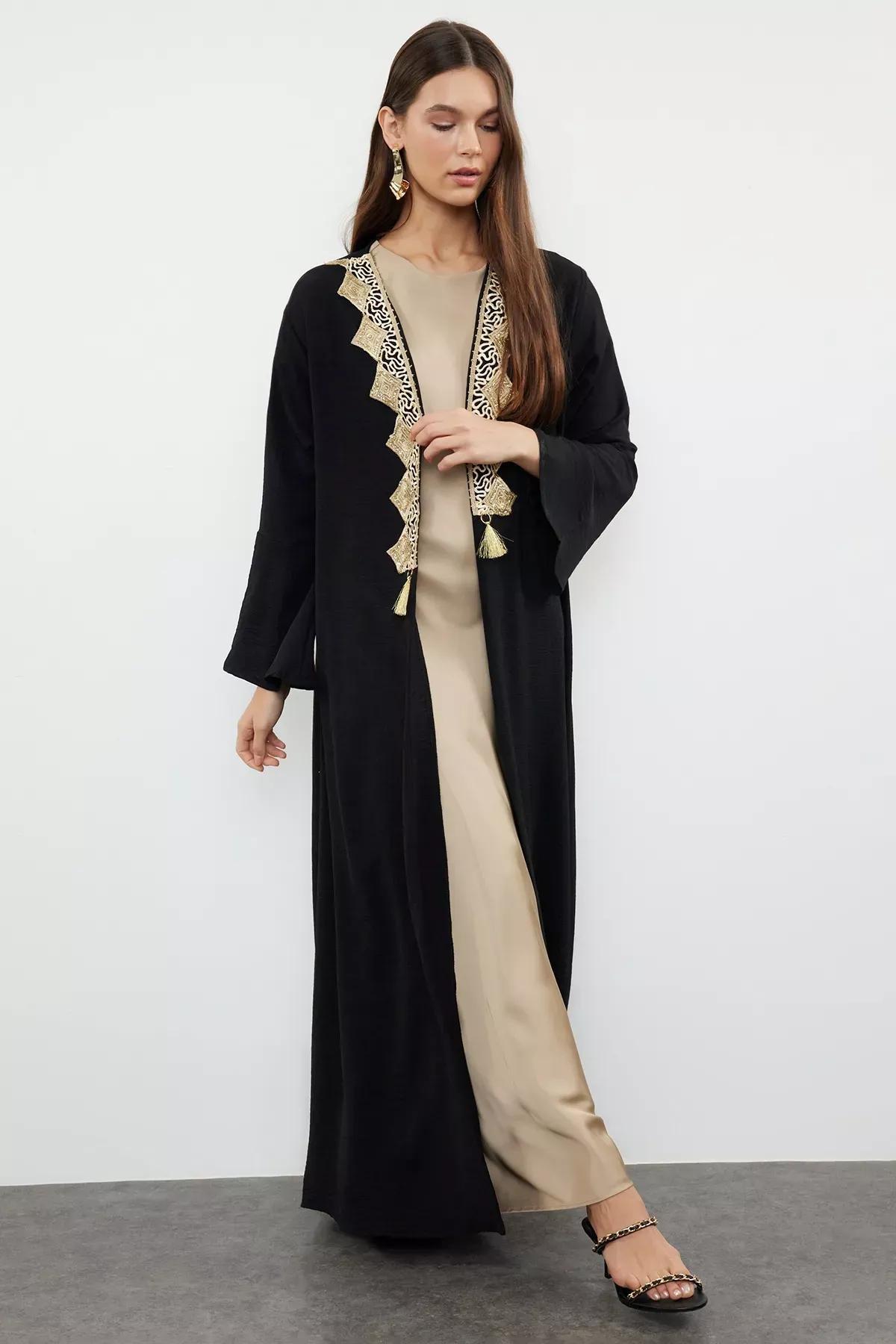 Black Embroidered Abaya with Cap, BLACK, medium