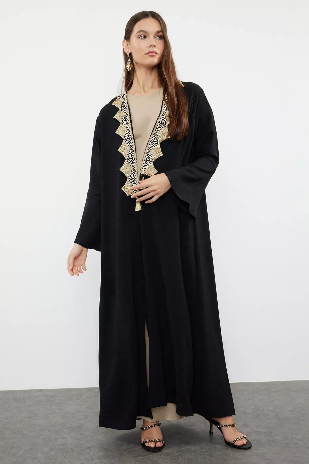 Black Embroidered Abaya with Cap, BLACK, medium